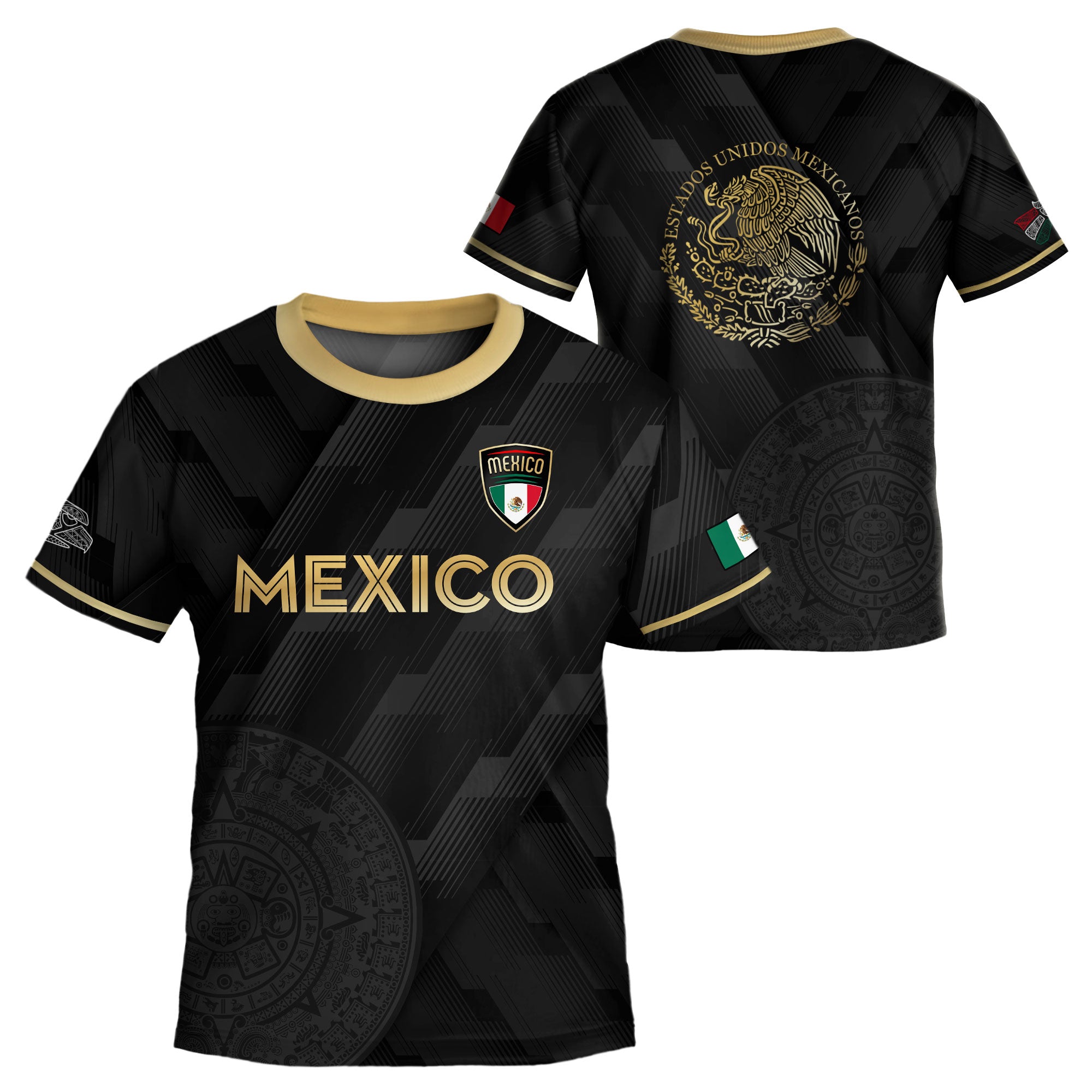Mexico Kids Soccer Jersey Black Gold Aztec Calendar Crest Design