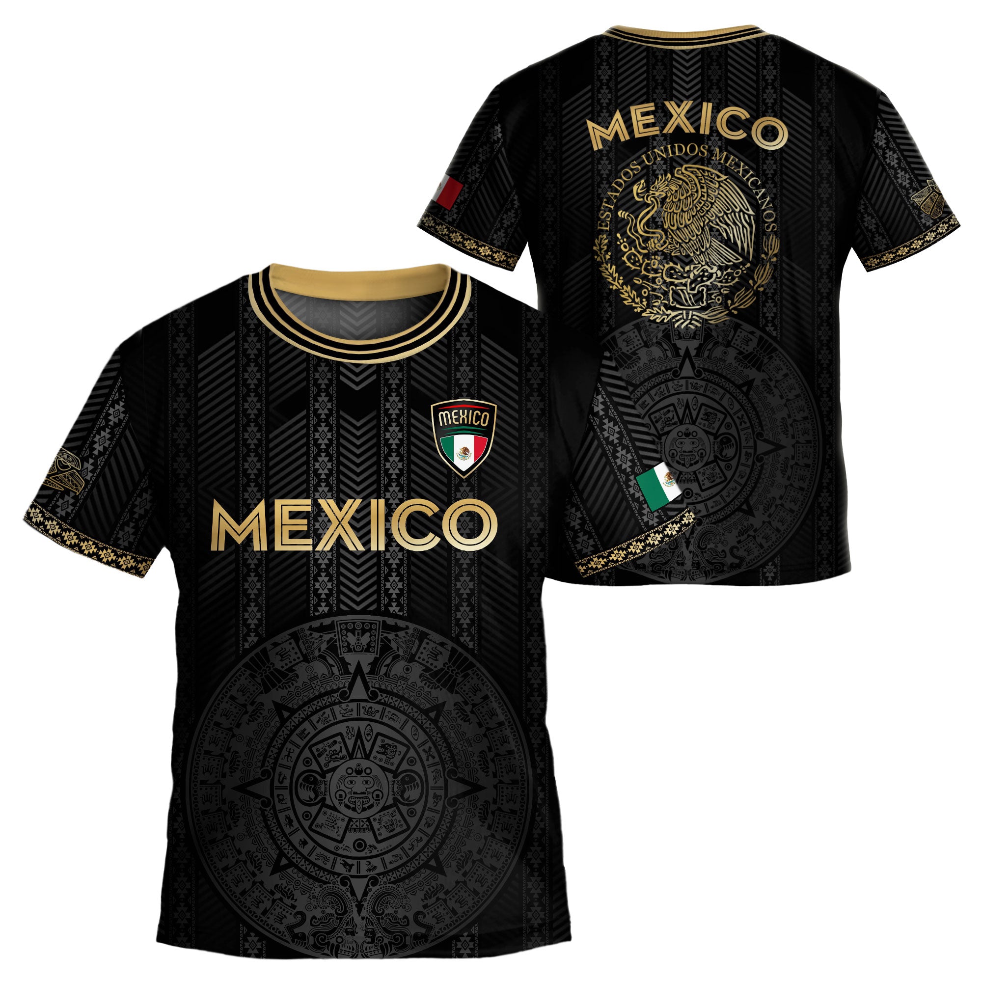 Mexico Kids Soccer Jersey Black Gold Aztec Calendar Design