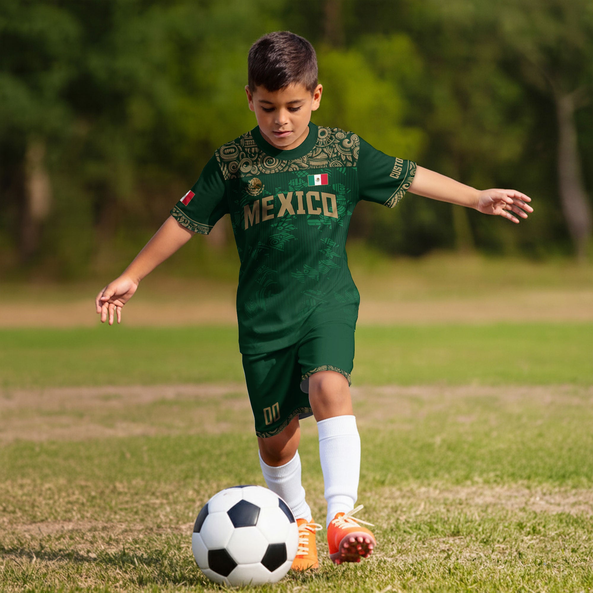 Custom Mexico Kids Soccer Jersey Green Aztec Eagle Edition