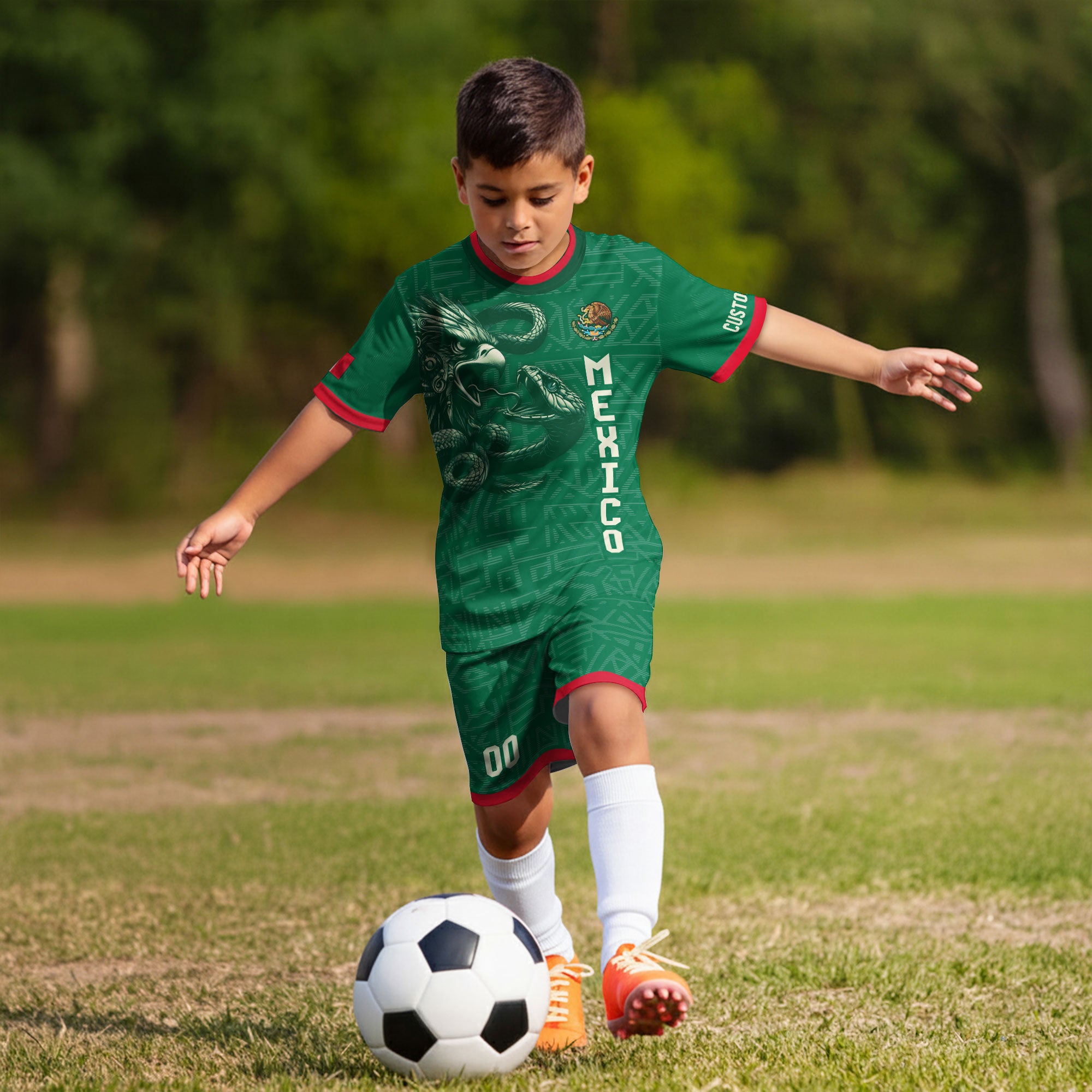 Custom Mexico Kids Soccer Jersey Green Red Aztec Eagle Serpent Design