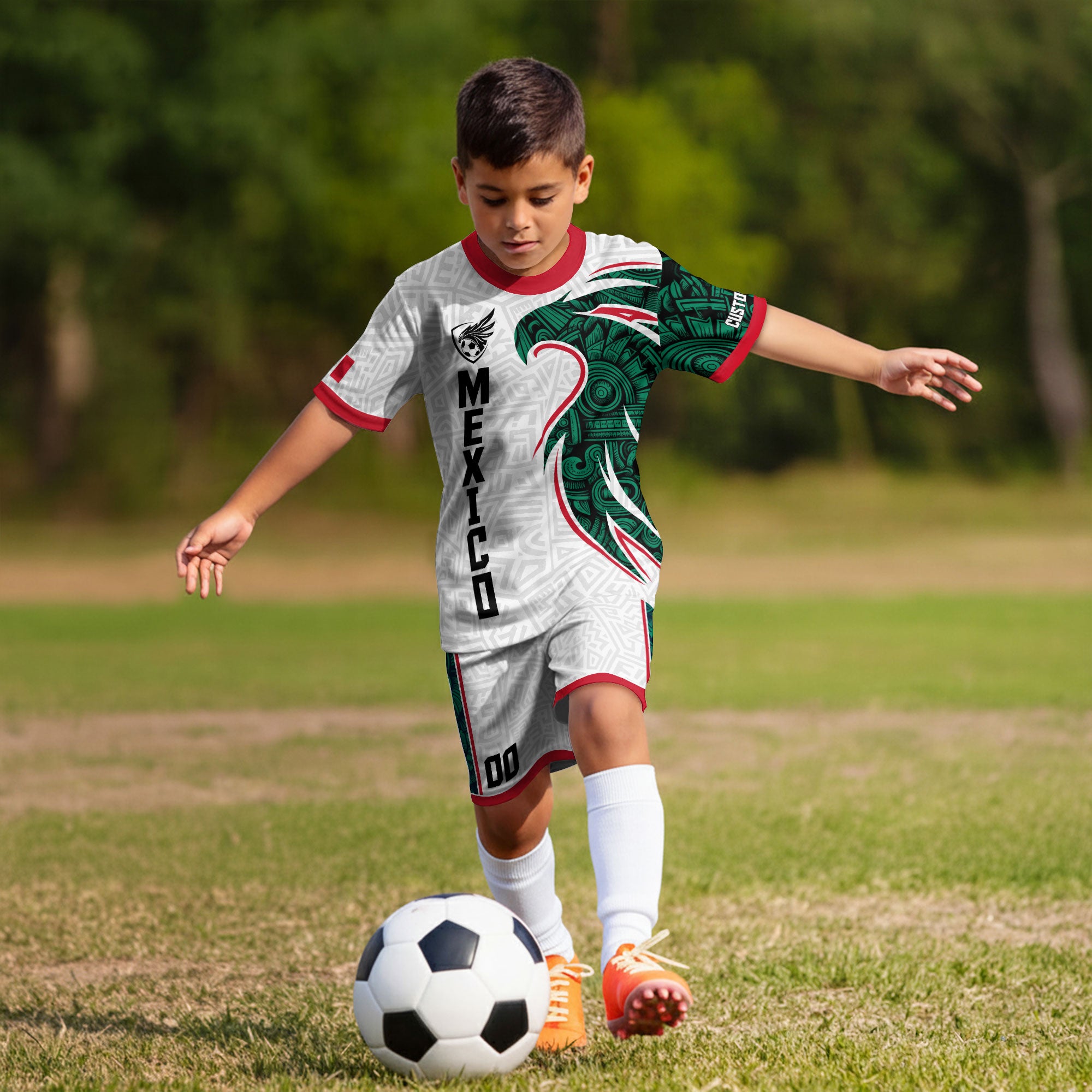 Custom Mexico Kids Soccer Jersey White Green Red Aztec Eagle Design