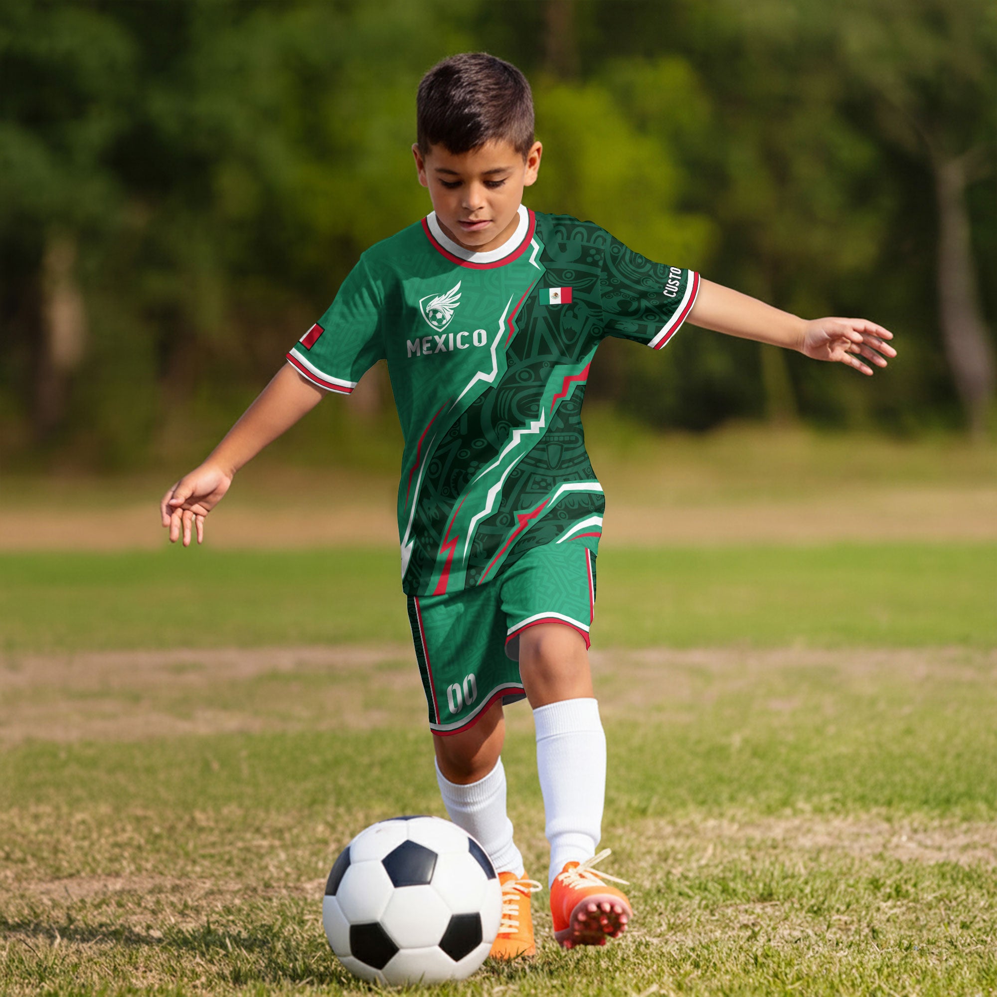 Custom Mexico Kids Soccer Jersey Green Flag Colors Aztec Pattern Design