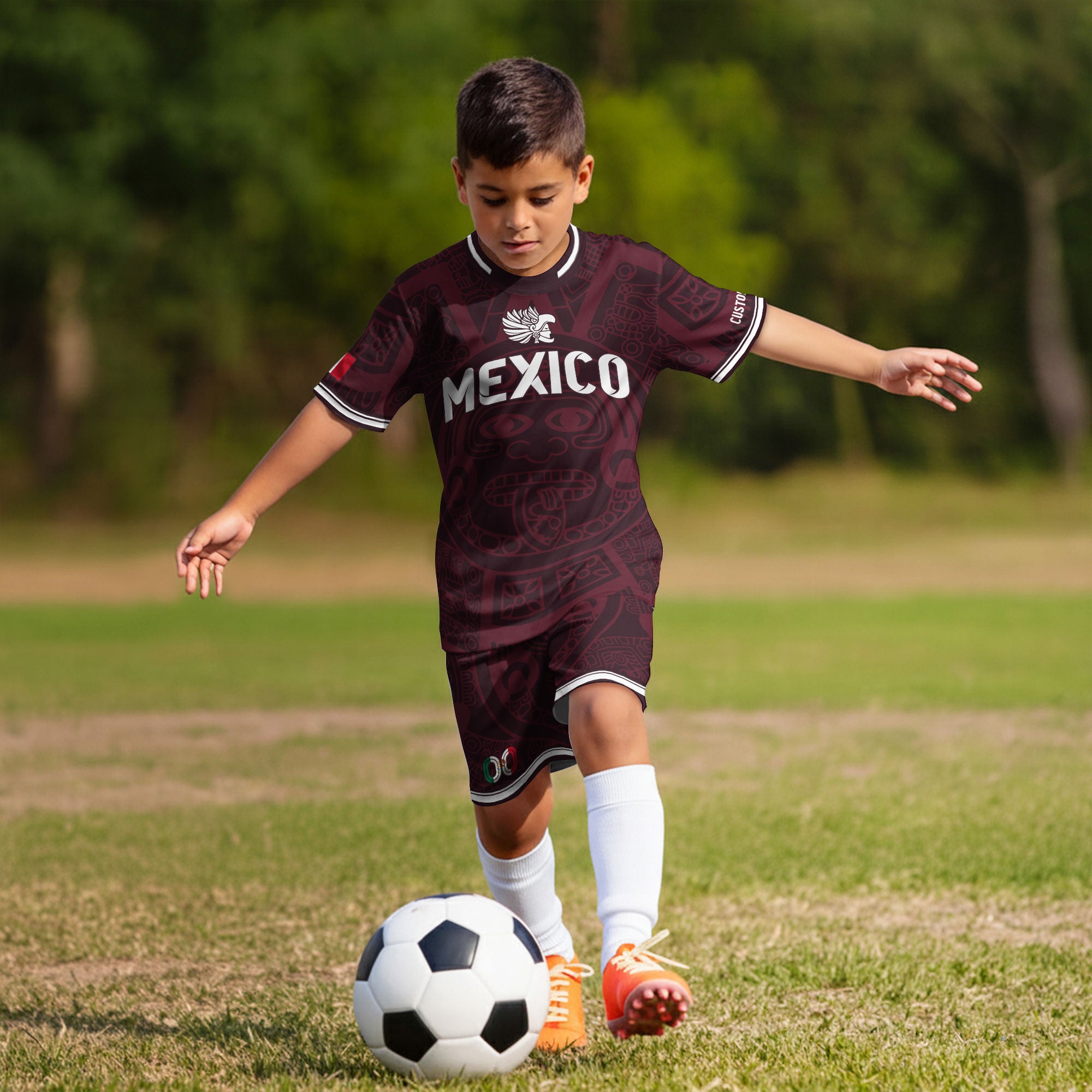Custom Mexico Kids Soccer Jersey Burgundy Heritage Flag Aztec Pattern Design