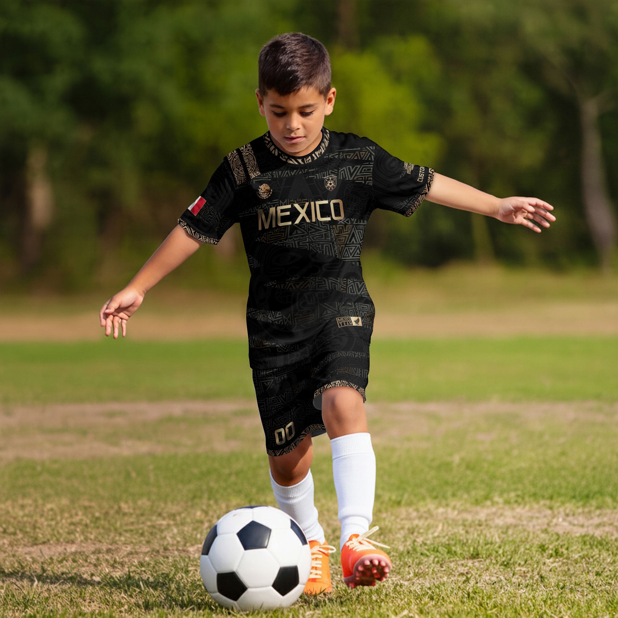 Custom Mexico Kids Soccer Jersey Black Gold Team Edition with Aztec Pattern