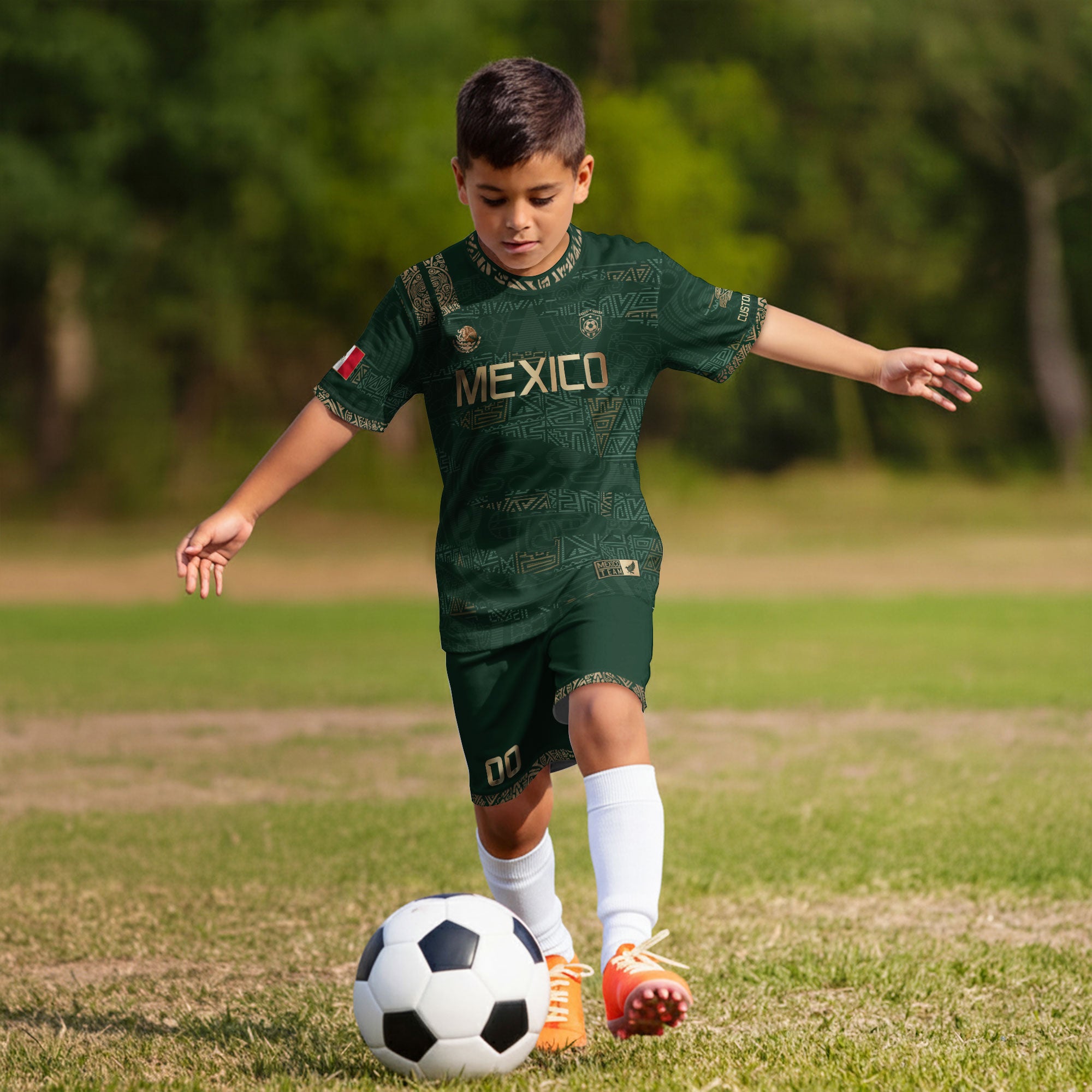 Custom Mexico Kids Soccer Jersey Green Gold Team Edition with Aztec Pattern Design