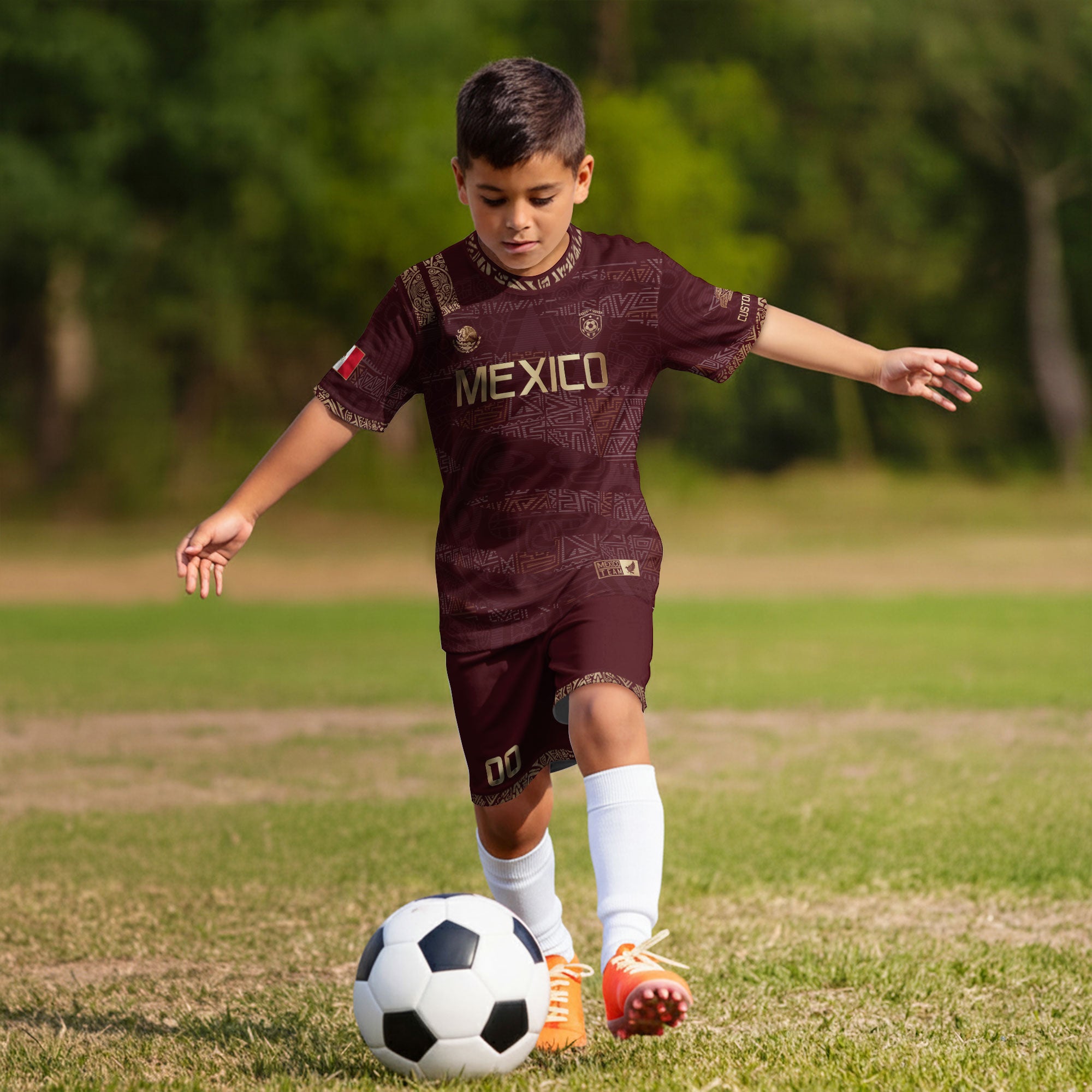 Custom Mexico Kids Soccer Jersey Burgundy Gold Team Edition with Aztec Pattern Design