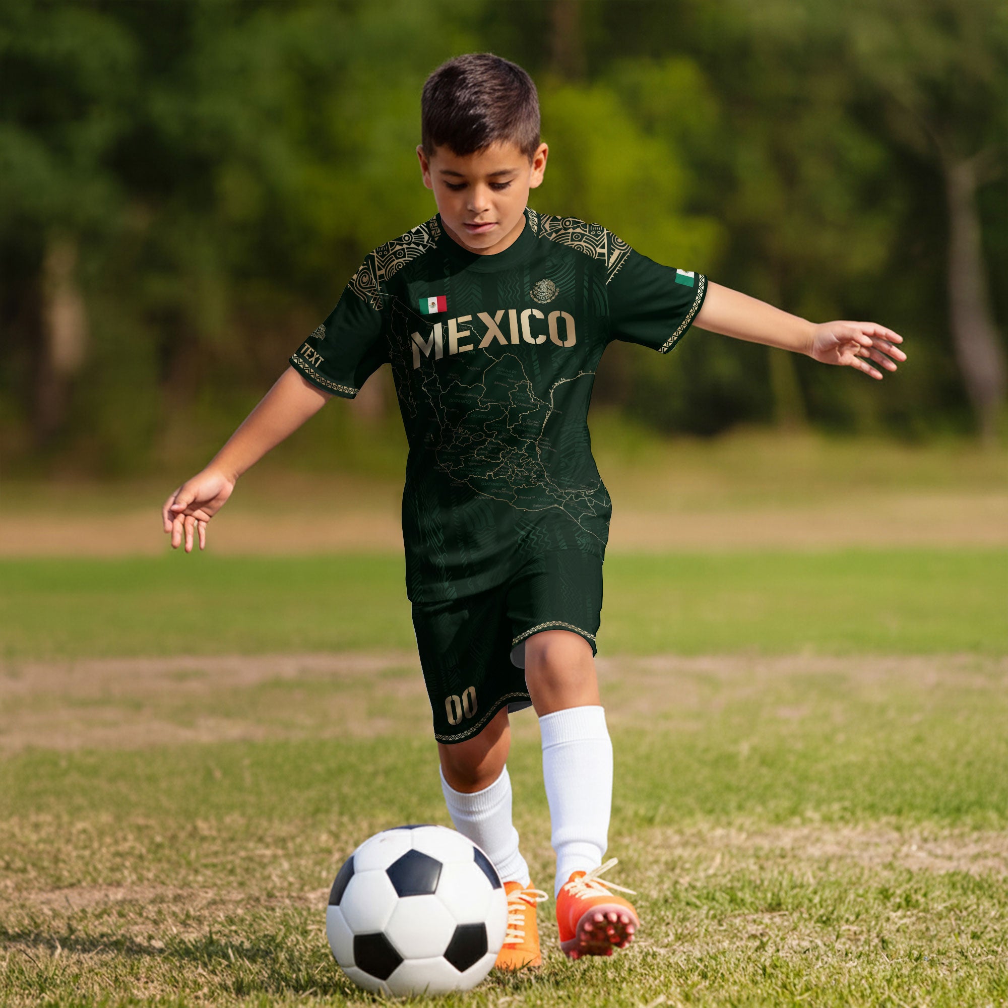 Custom Mexico Kids Soccer Jersey Green Gold Heritage Map Design