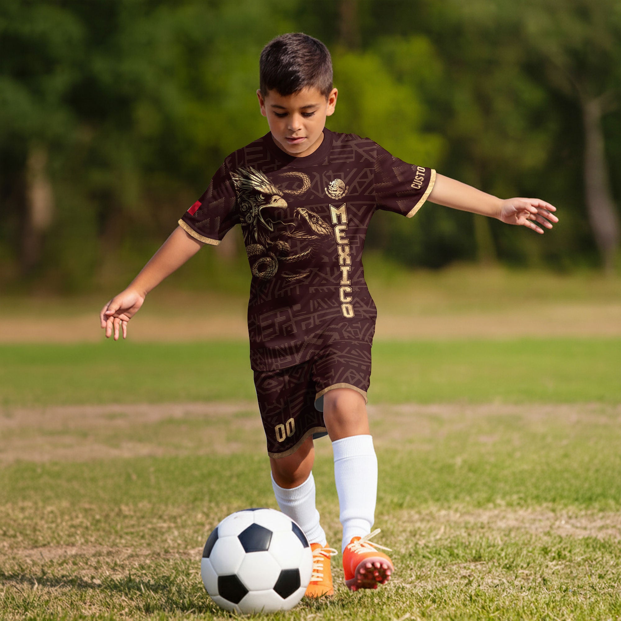 Custom Mexico Kids Soccer Jersey Burgundy Gold Aztec Eagle & Serpent Design