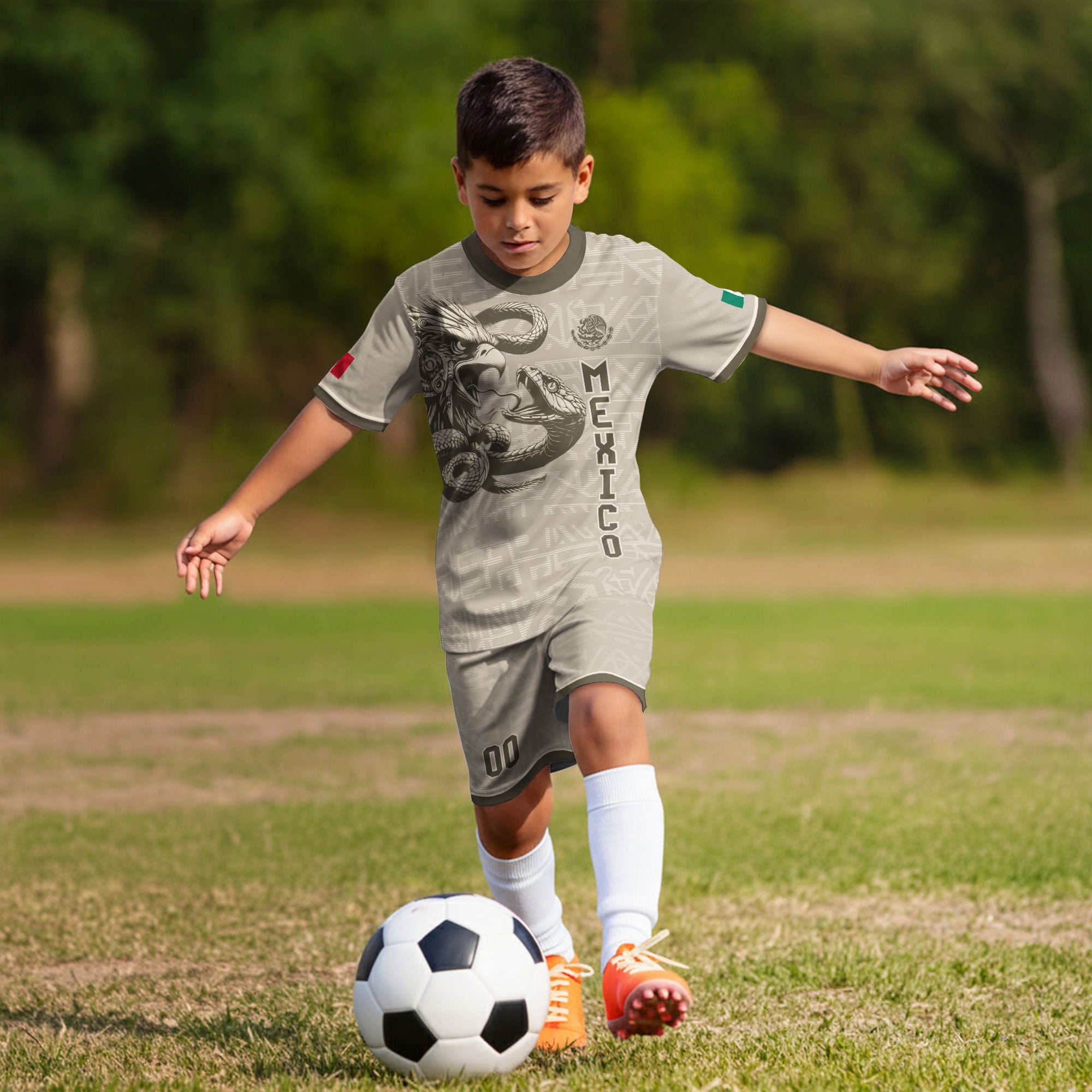 Custom Mexico Kids Soccer Jersey Beige Aztec Eagle & Serpent Heritage Design