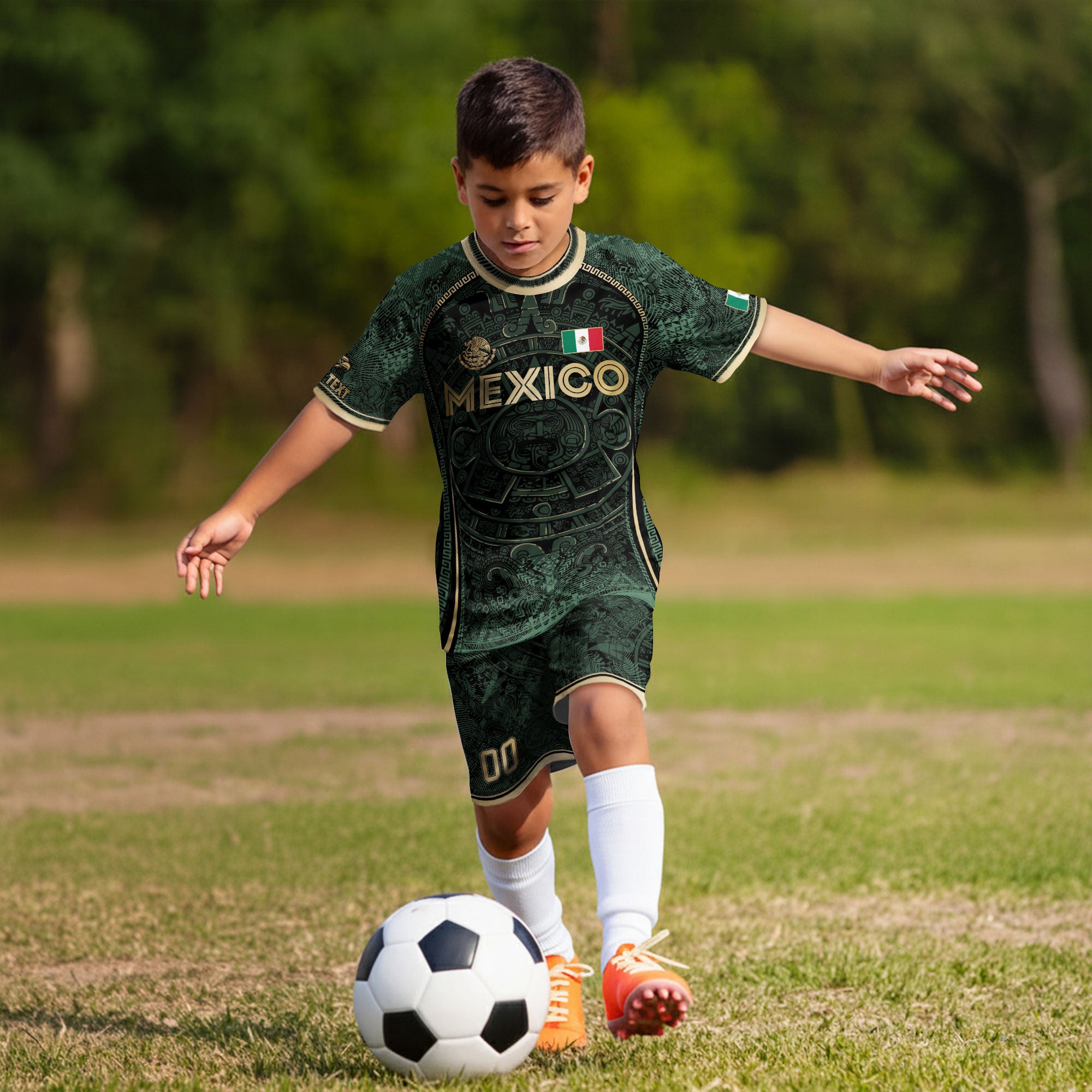 Custom Kids Mexico Soccer Jersey Dark Green Gold Aztec Calendar Design