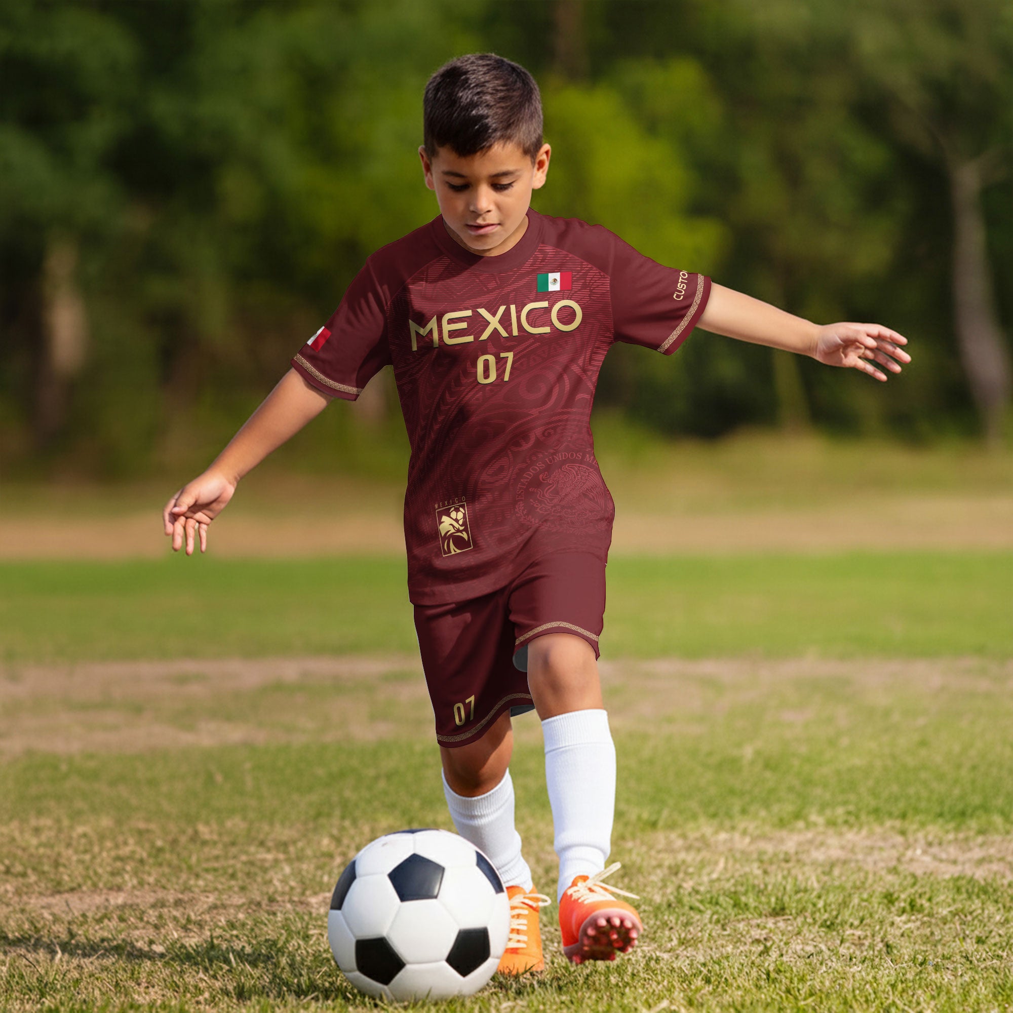 Custom Kids Mexico Soccer Jersey Burgundy Gold Eagle Design