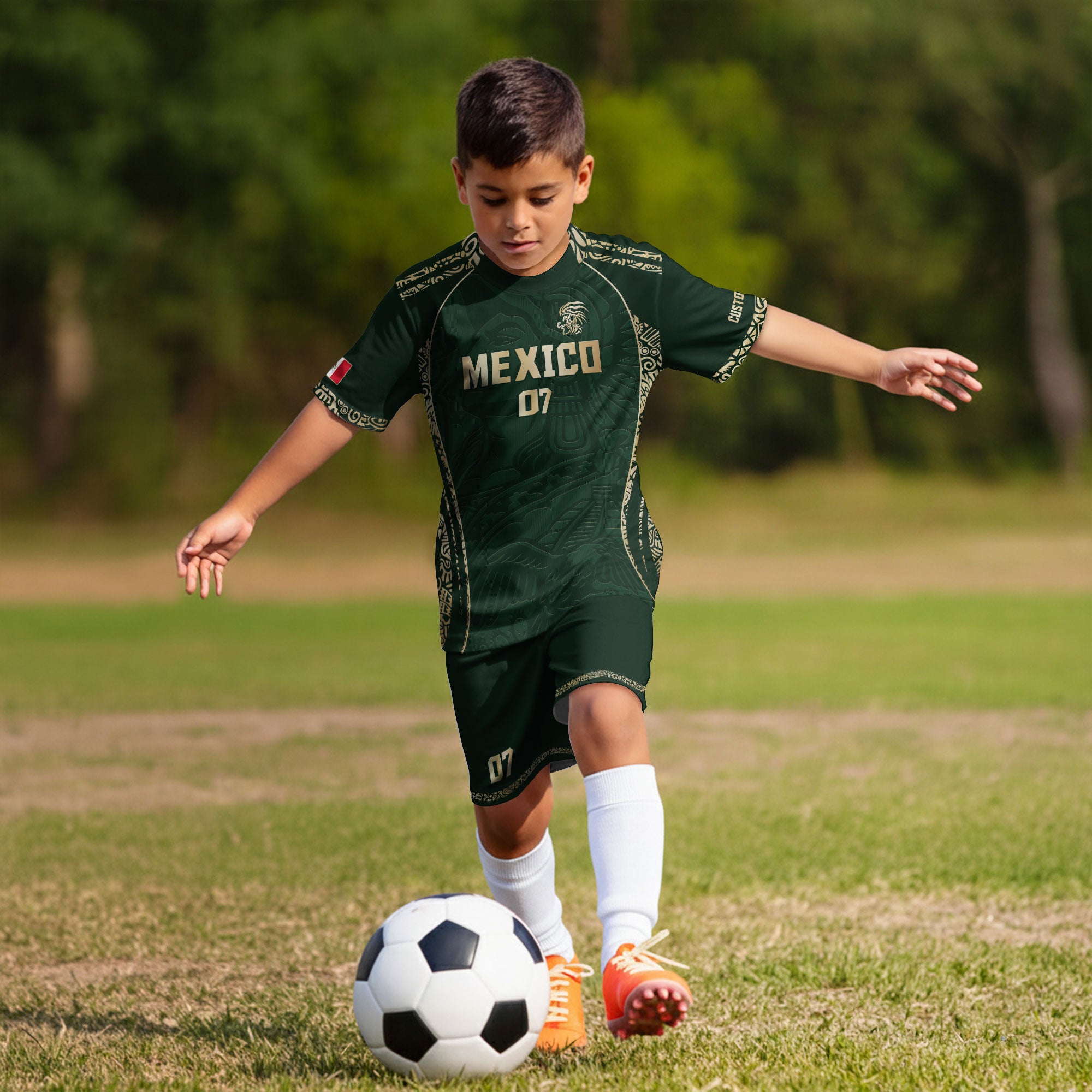 Custom Kids Mexico Soccer Jersey Dark Green Aztec Eagle Design