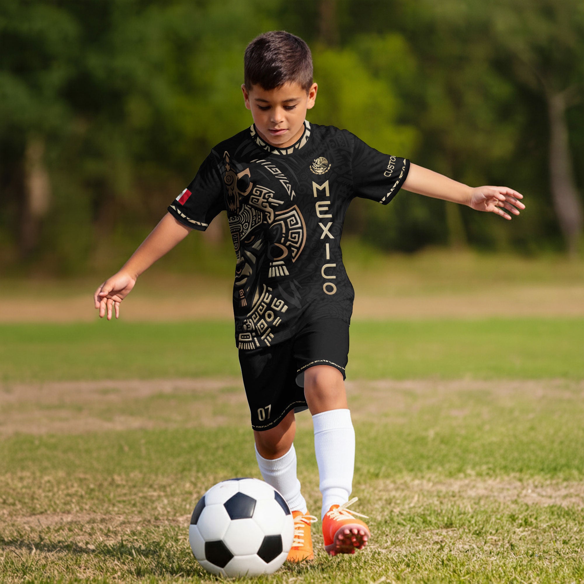 Custom Kid Mexico Aztec Warrior Heritage Black Gold Soccer Jersey