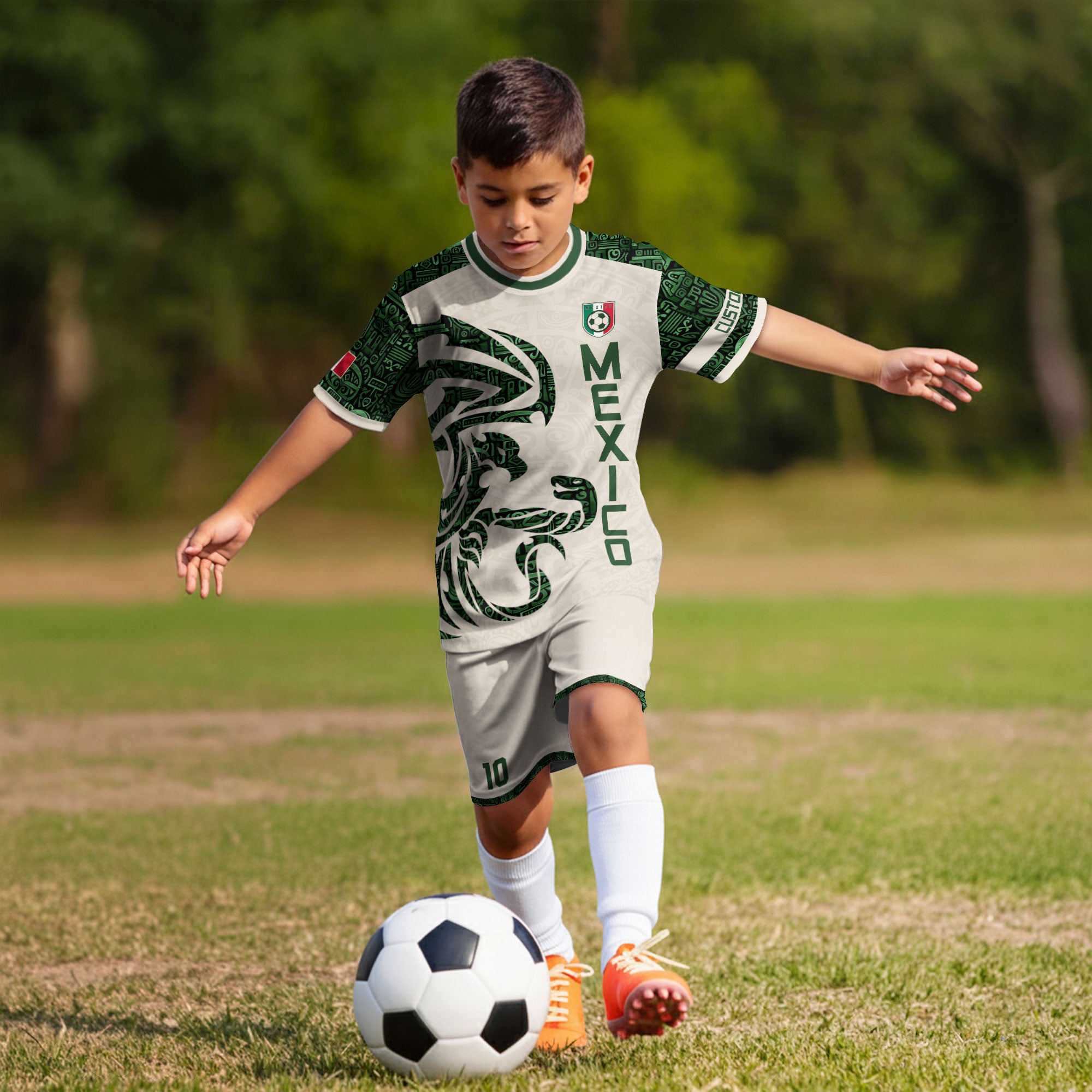 Custom Kid Mexico Beige Green Aztec Eagle Heritage Soccer Jersey