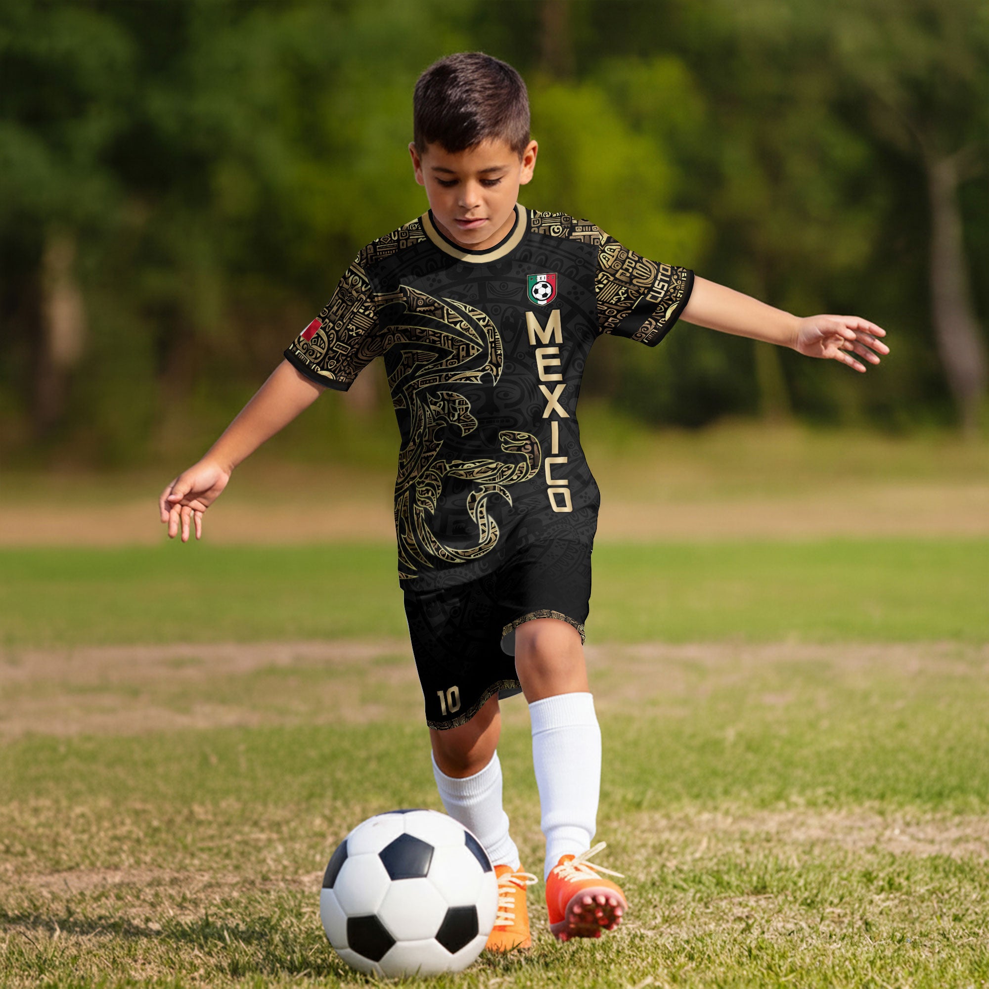 Custom Kid Mexico Black Gold Aztec Eagle Heritage Soccer Jersey