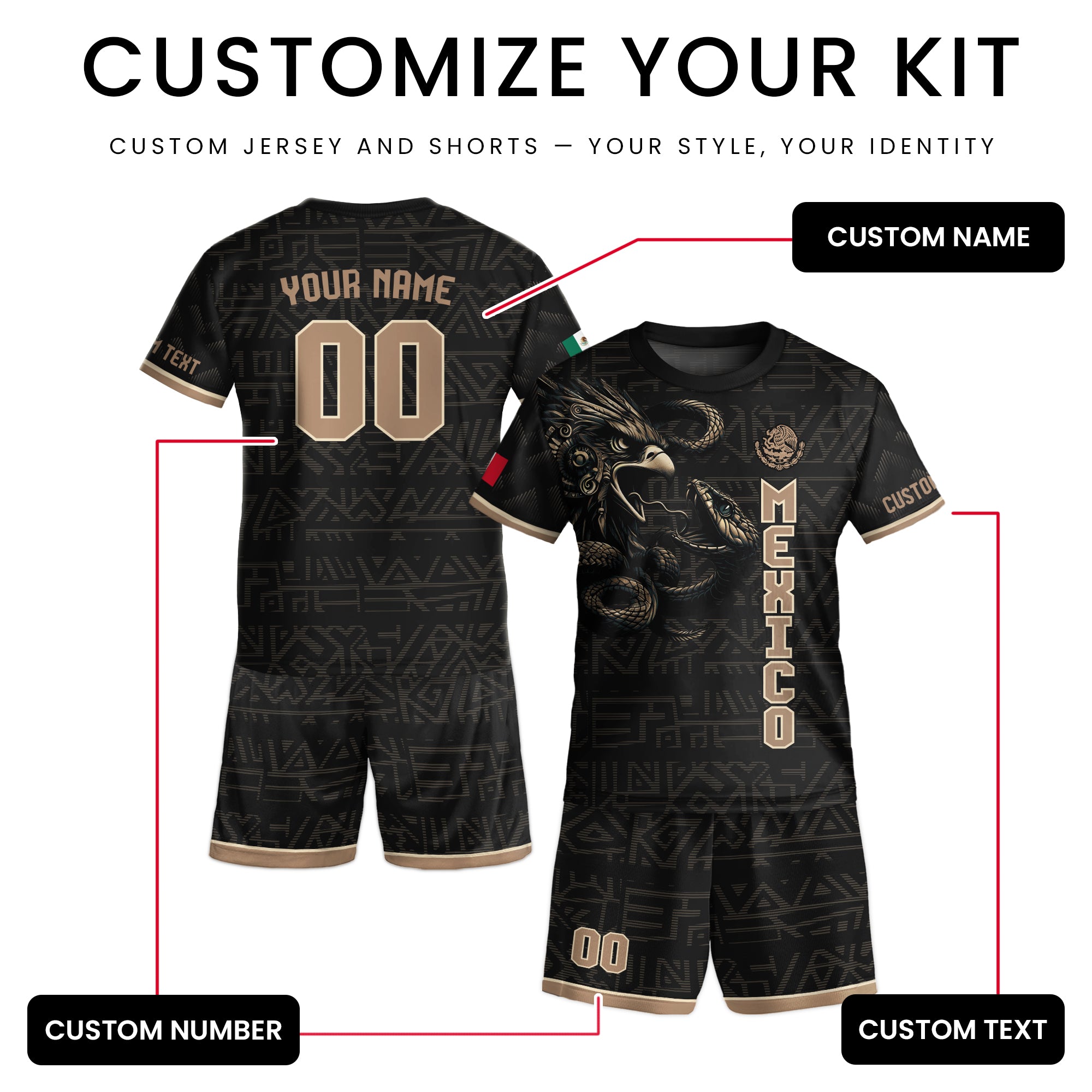 Custom Mexico Kids Soccer Jersey Black Gold Heritage Eagle Snake