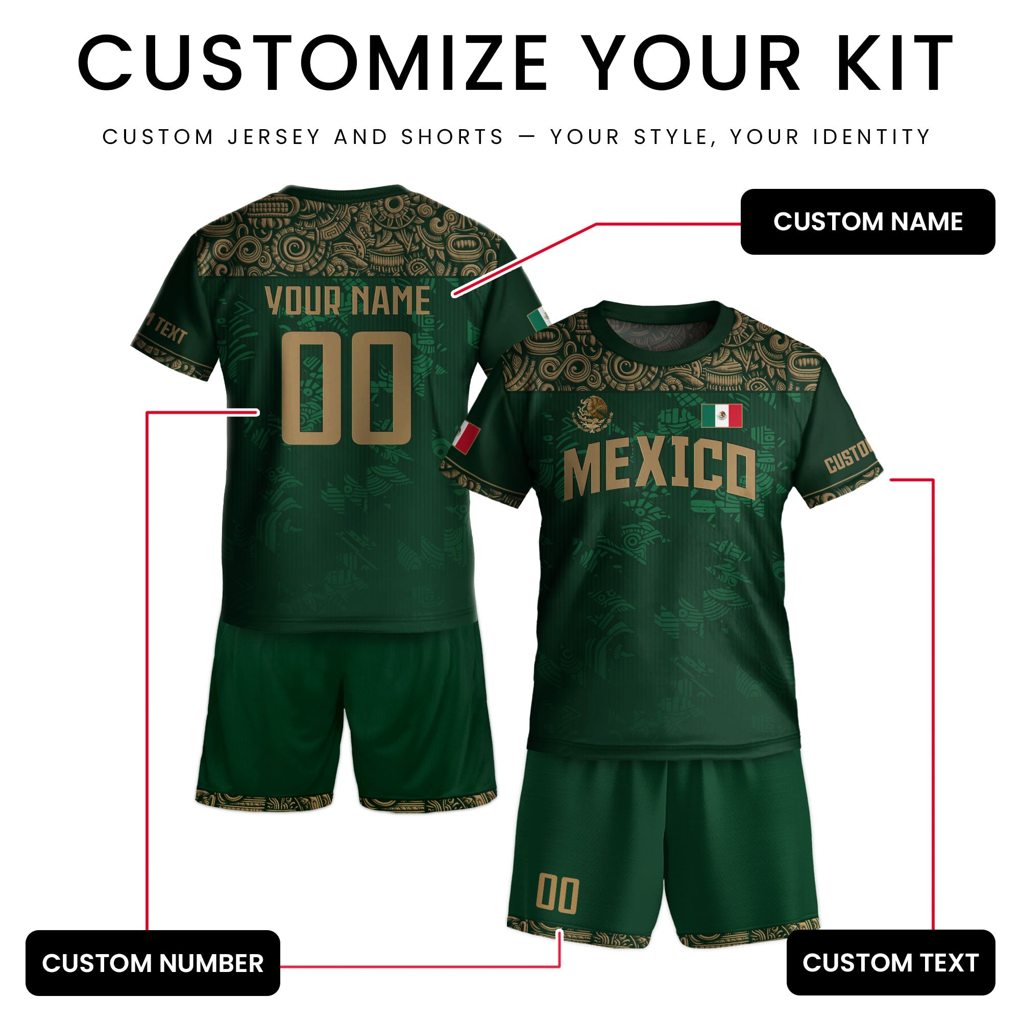 Custom Mexico Kids Soccer Jersey Green Aztec Eagle Edition