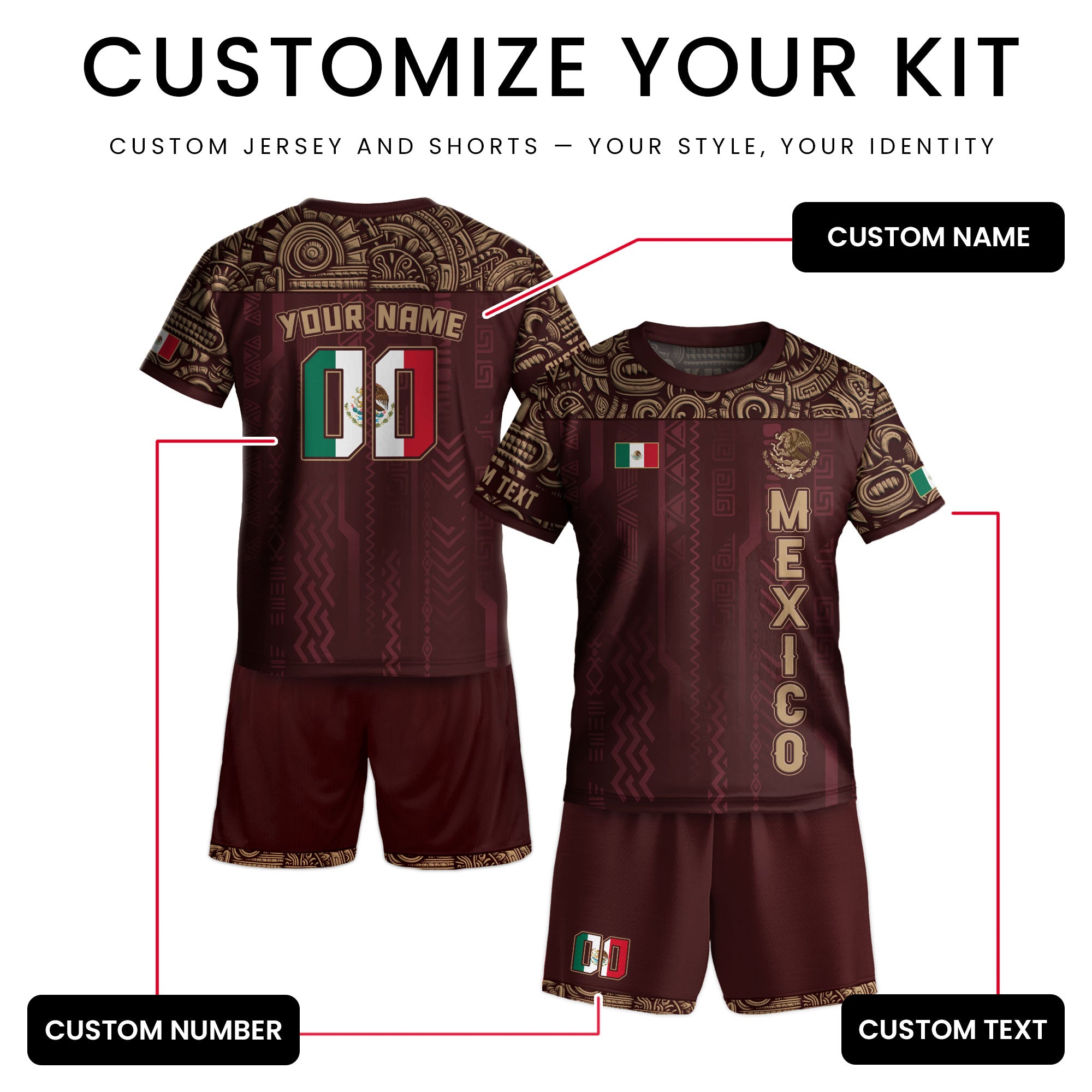 Custom Mexico Kids Soccer Jersey Red Aztec Warrior Style