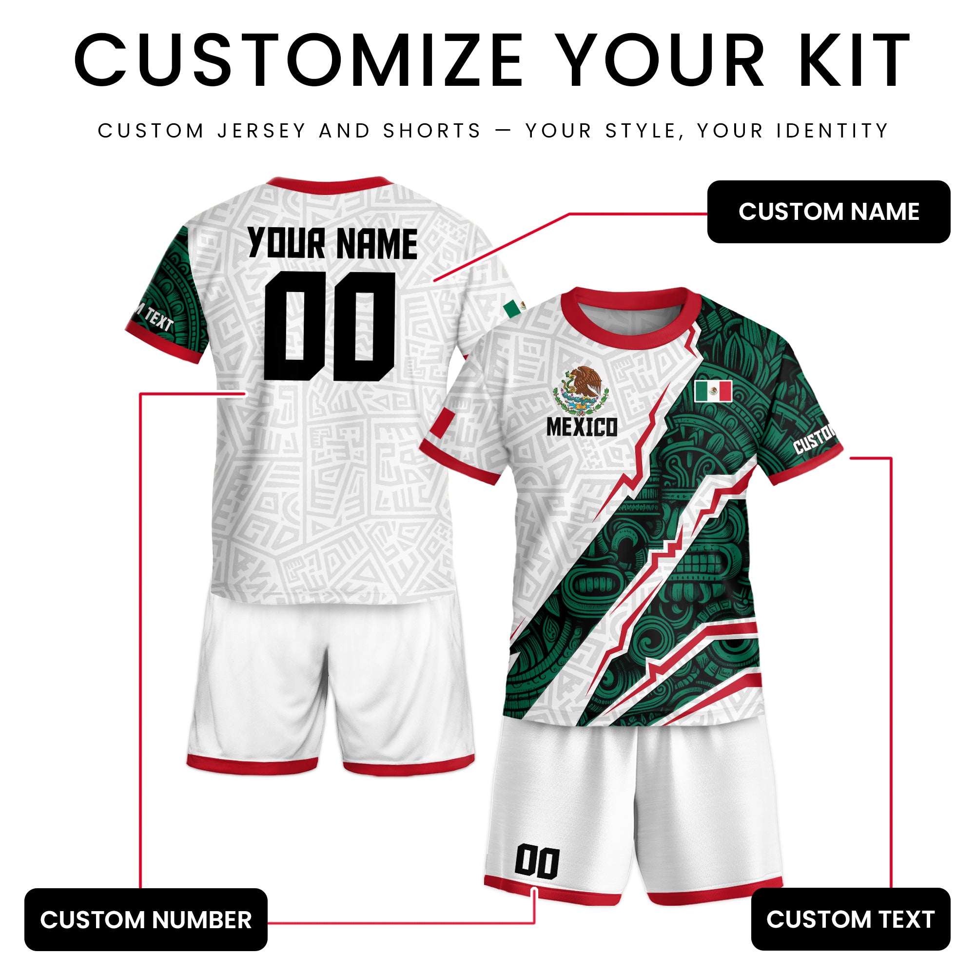 Custom Mexico Kids Soccer Jersey White Green Aztec Design