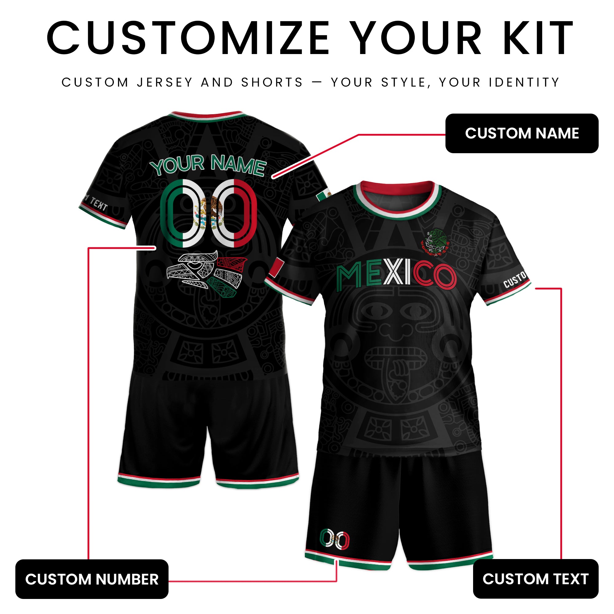 Custom Mexico Kids Soccer Jersey Black Heritage Pattern
