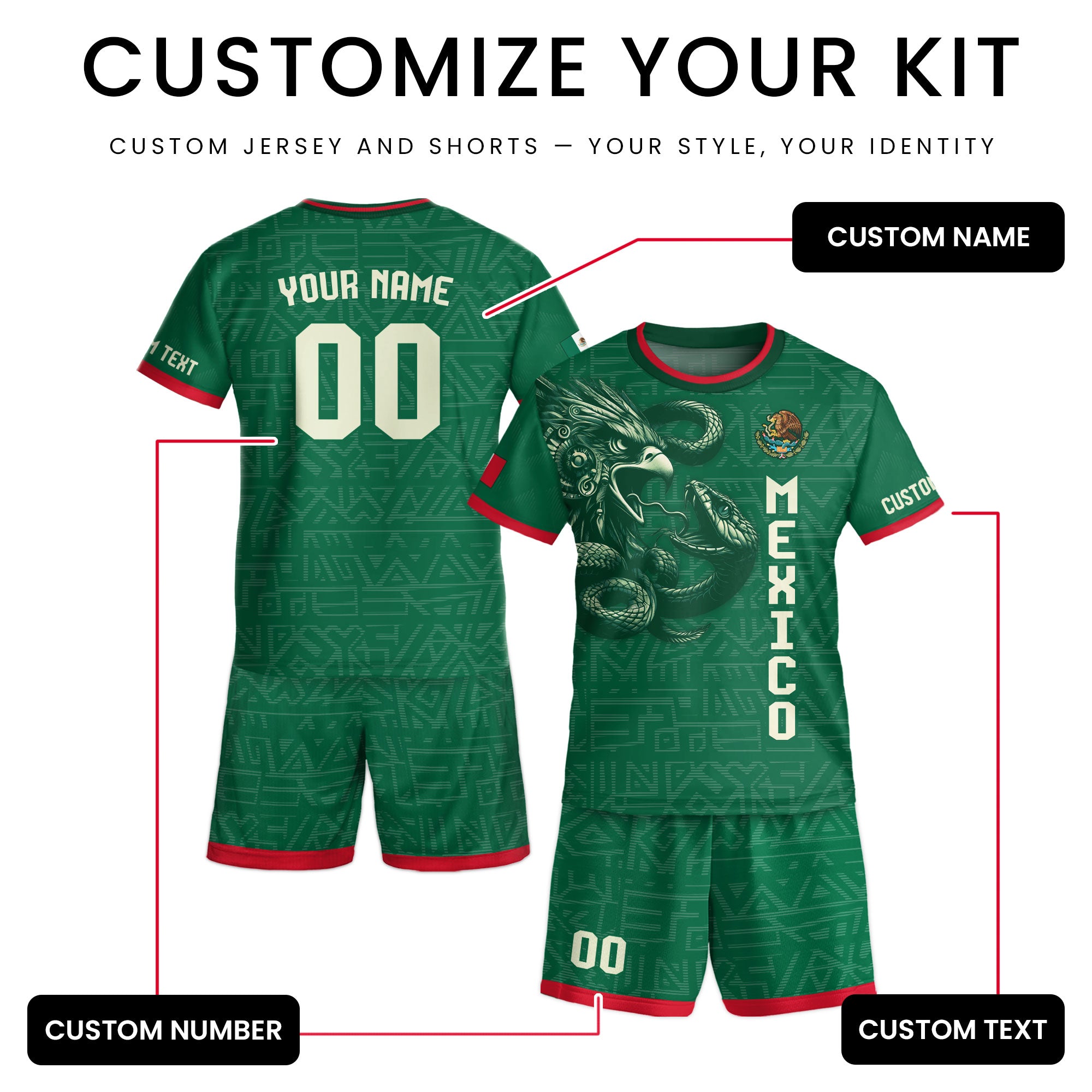 Custom Mexico Kids Soccer Jersey Green Red Aztec Eagle Serpent Design