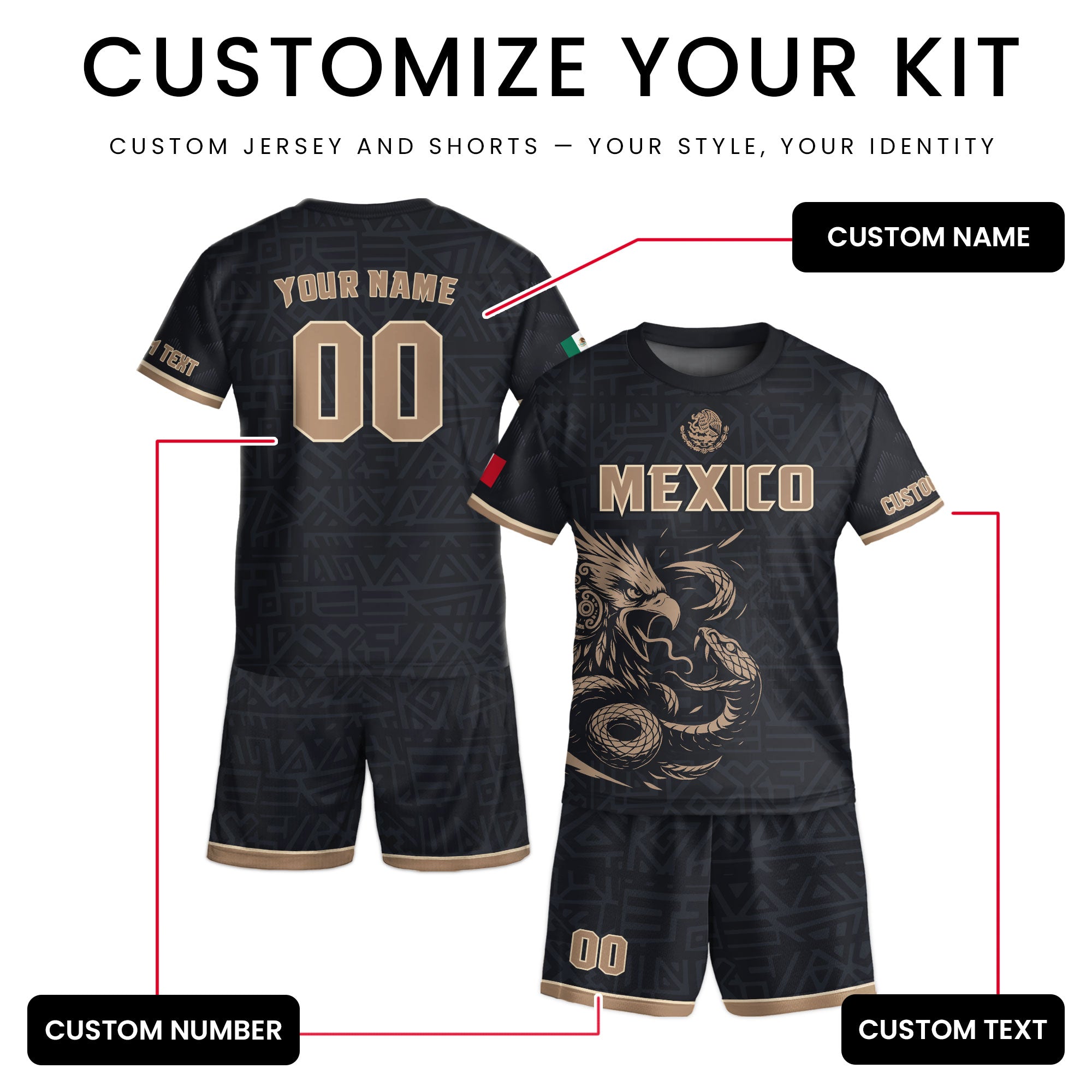Custom Mexico Kids Soccer Jersey Black Gold Aztec Eagle Serpent Design