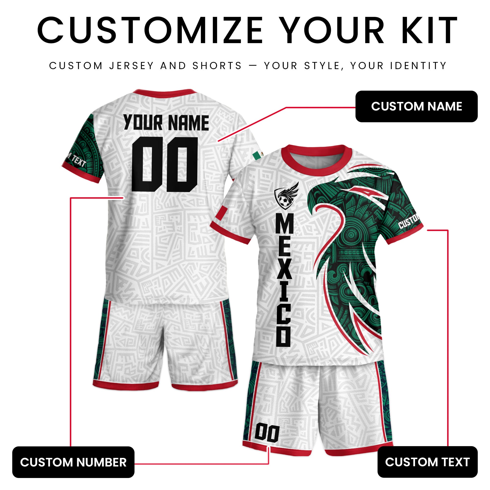 Custom Mexico Kids Soccer Jersey White Green Red Aztec Eagle Design