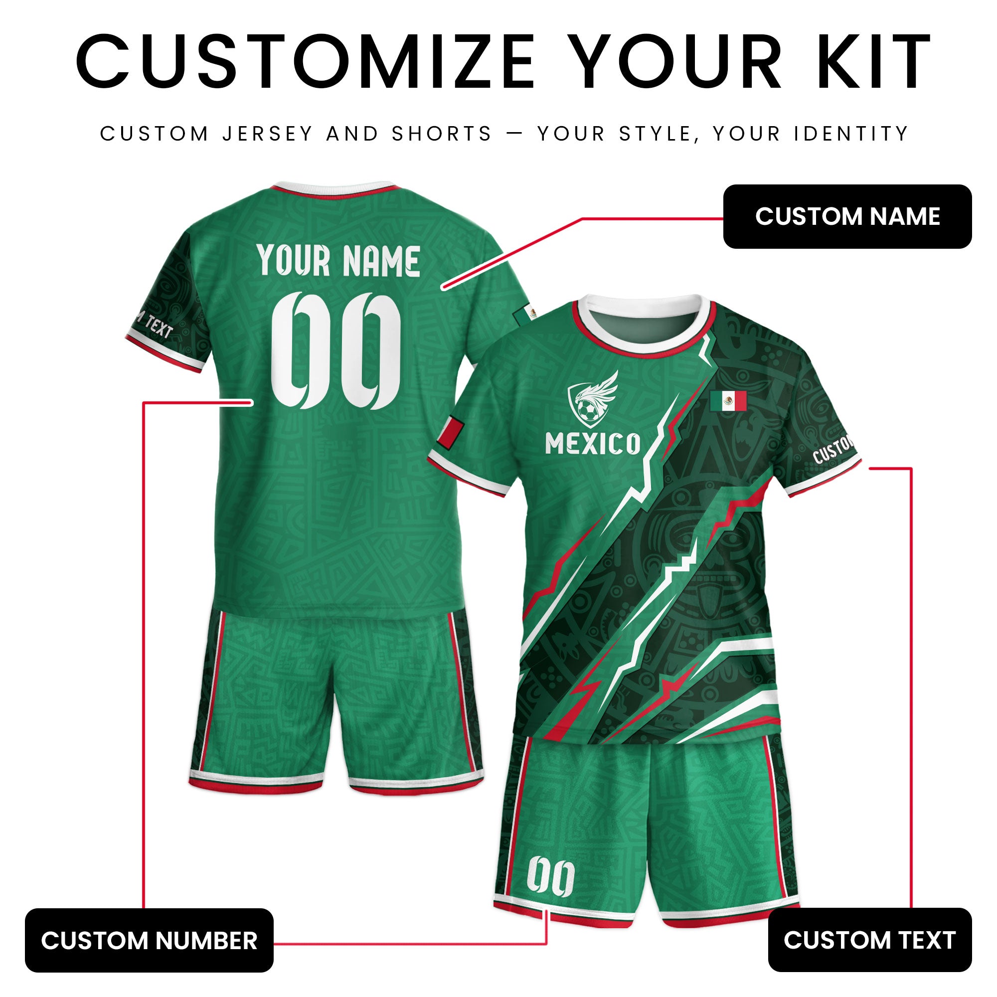 Custom Mexico Kids Soccer Jersey Green Flag Colors Aztec Pattern Design