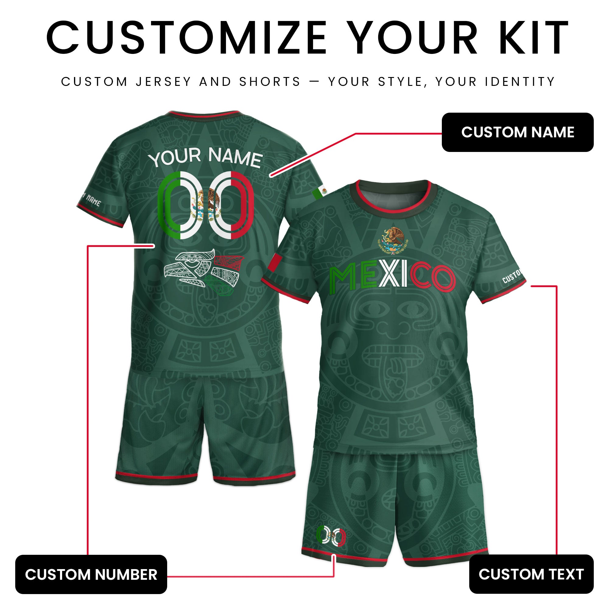 Custom Mexico Kids Soccer Jersey Green Heritage Flag Aztec Pattern Design