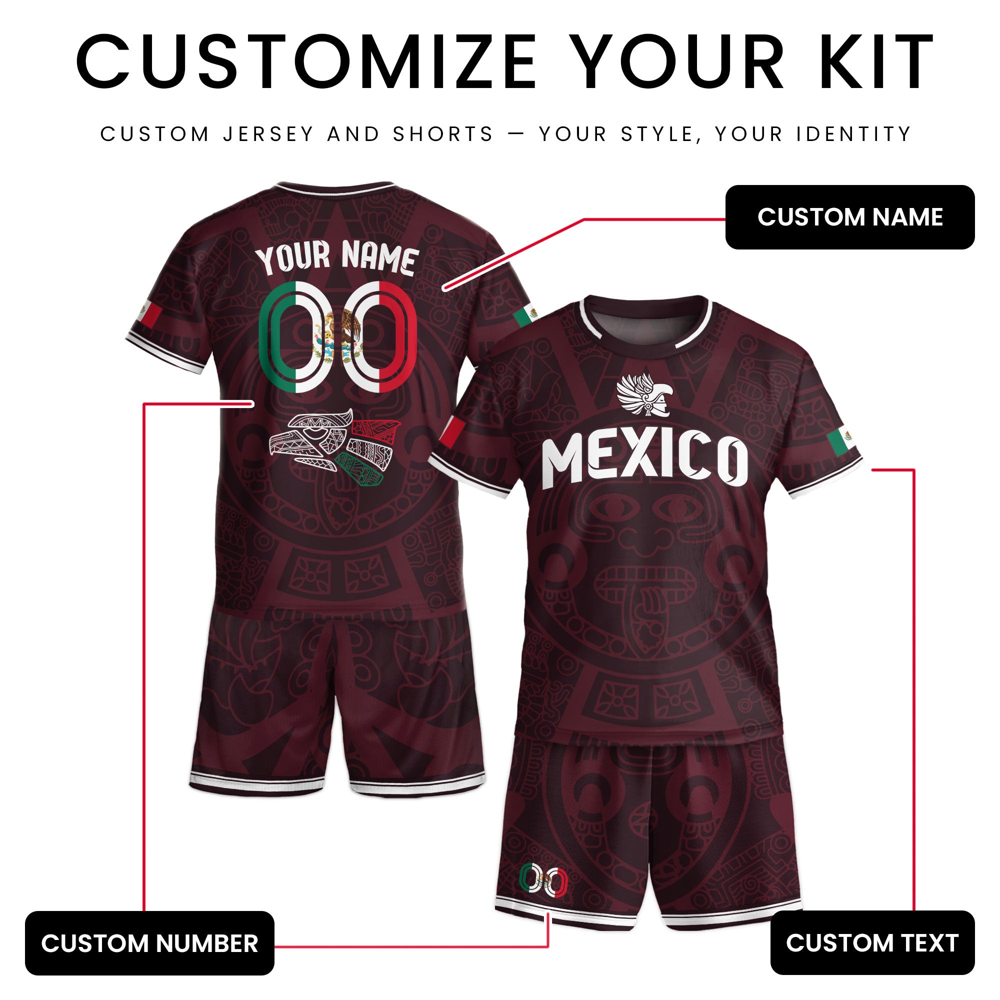 Custom Mexico Kids Soccer Jersey Burgundy Heritage Flag Aztec Pattern Design