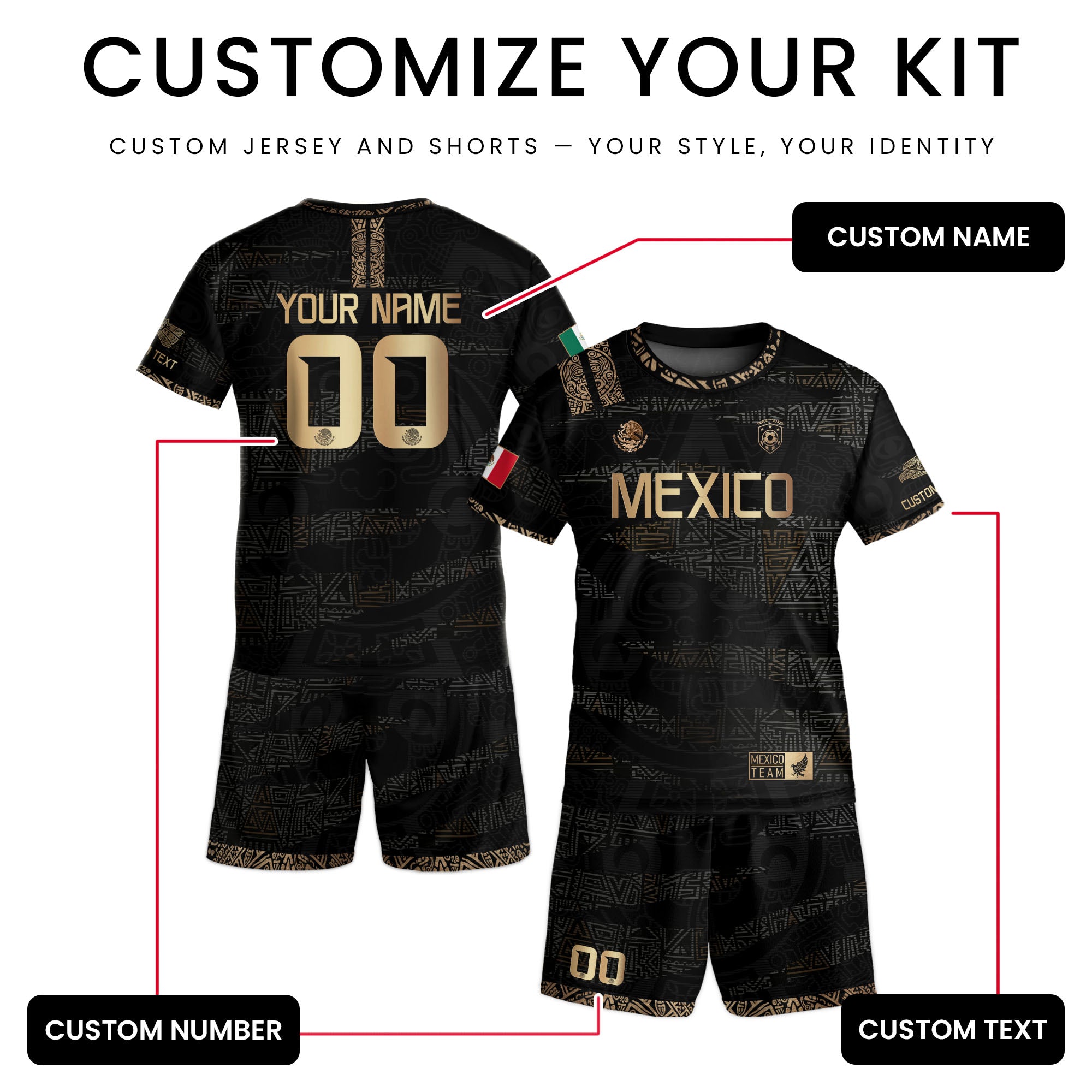Custom Mexico Kids Soccer Jersey Black Gold Team Edition with Aztec Pattern
