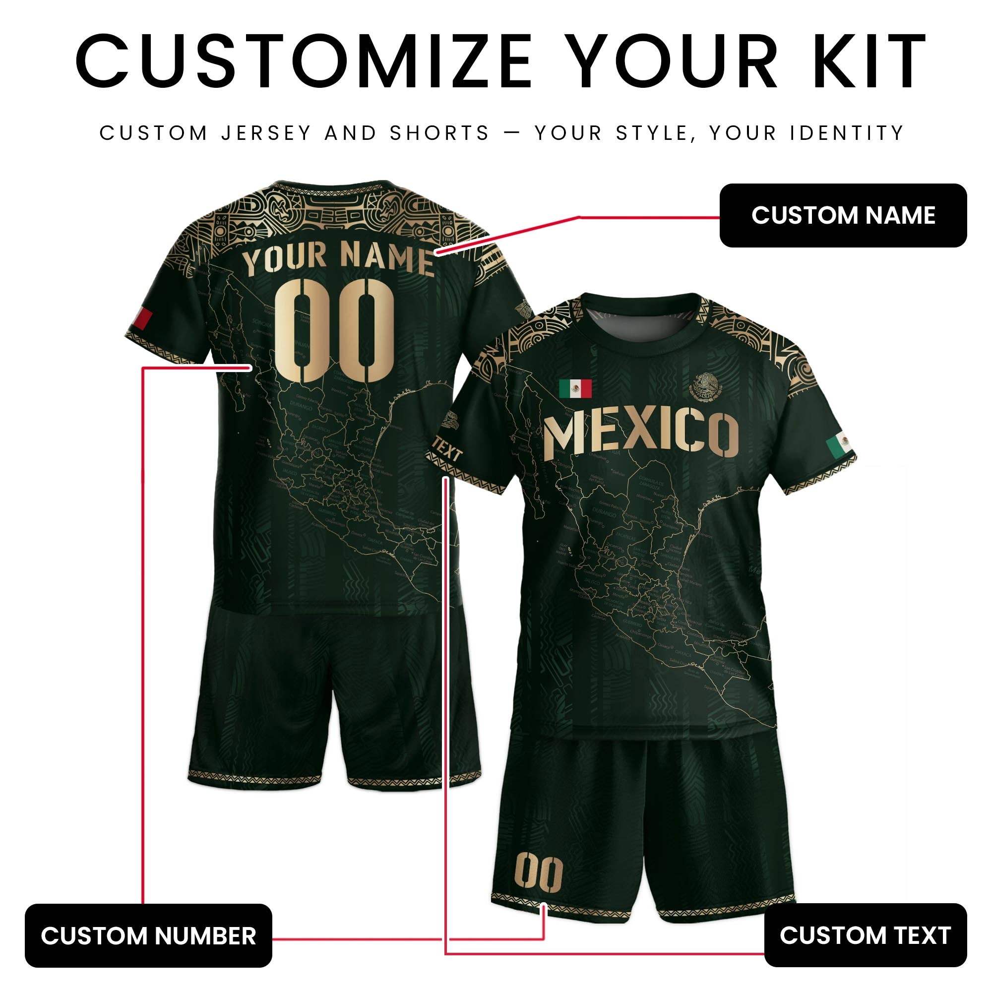 Custom Mexico Kids Soccer Jersey Green Gold Heritage Map Design