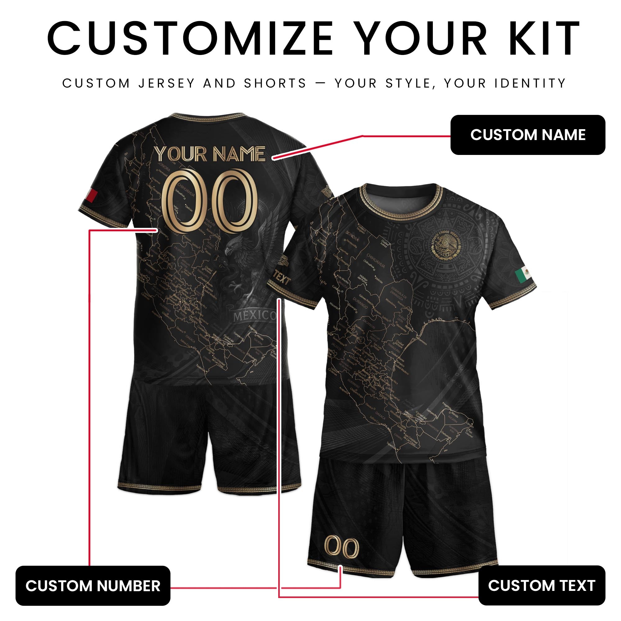 Custom Mexico Kids Soccer Jersey Black Gold Heritage Map Design