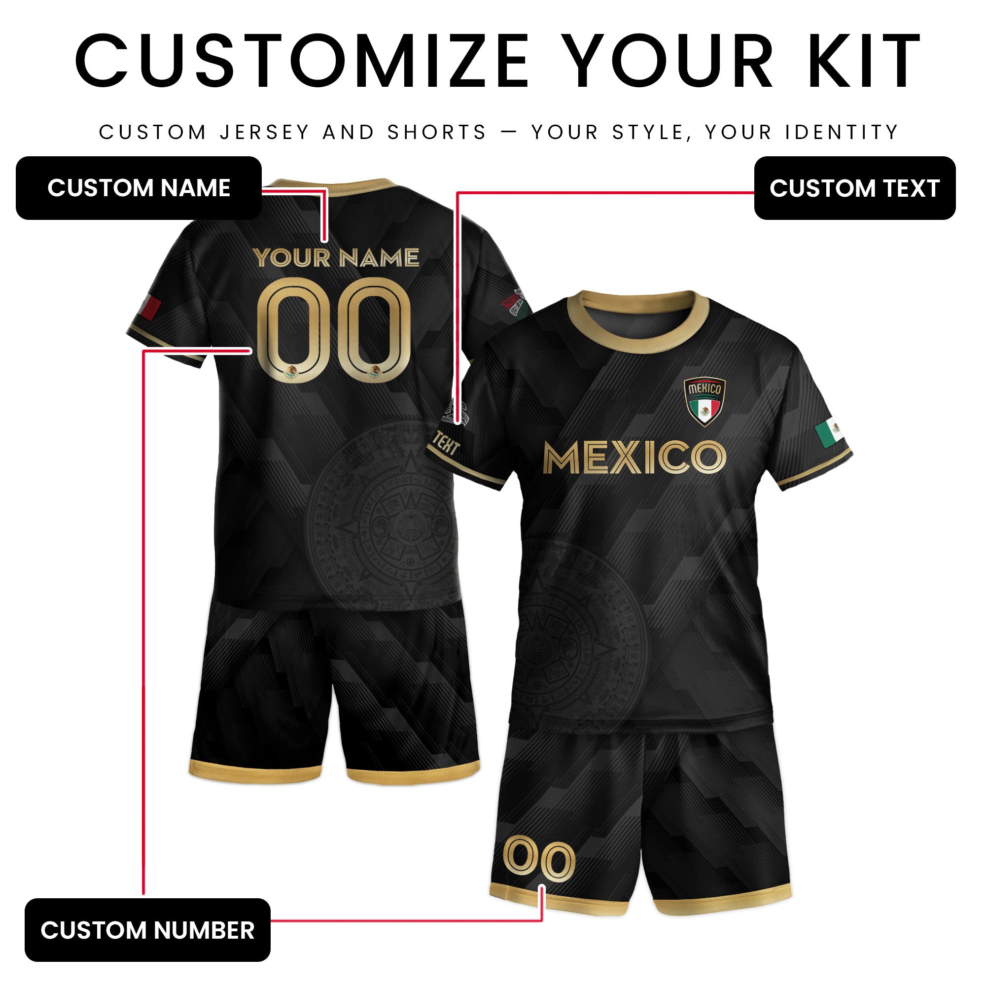 Custom Mexico Kids Soccer Jersey Black Gold Classic Design