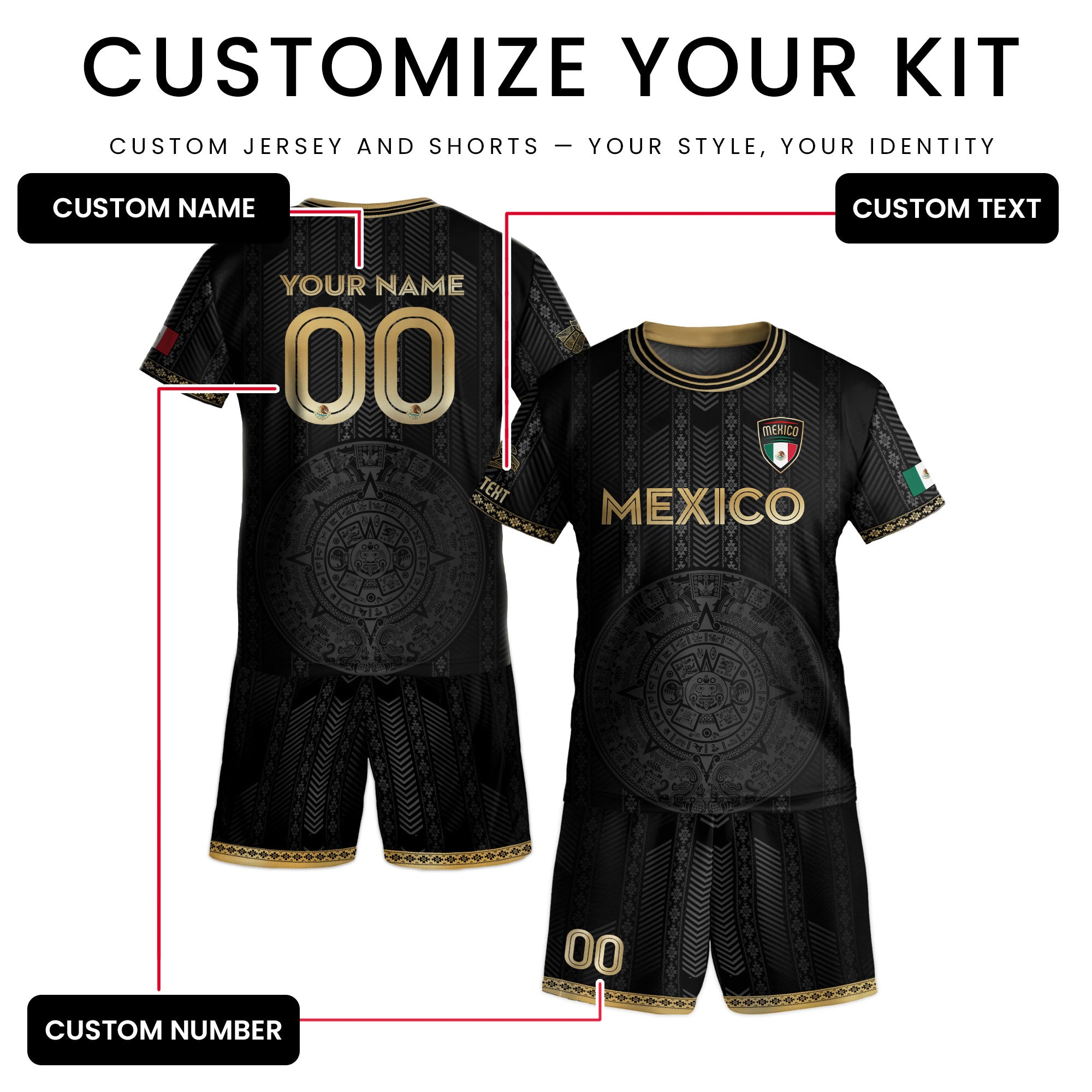Custom Mexico Kids Soccer Jersey Black Gold Aztec Calendar Design