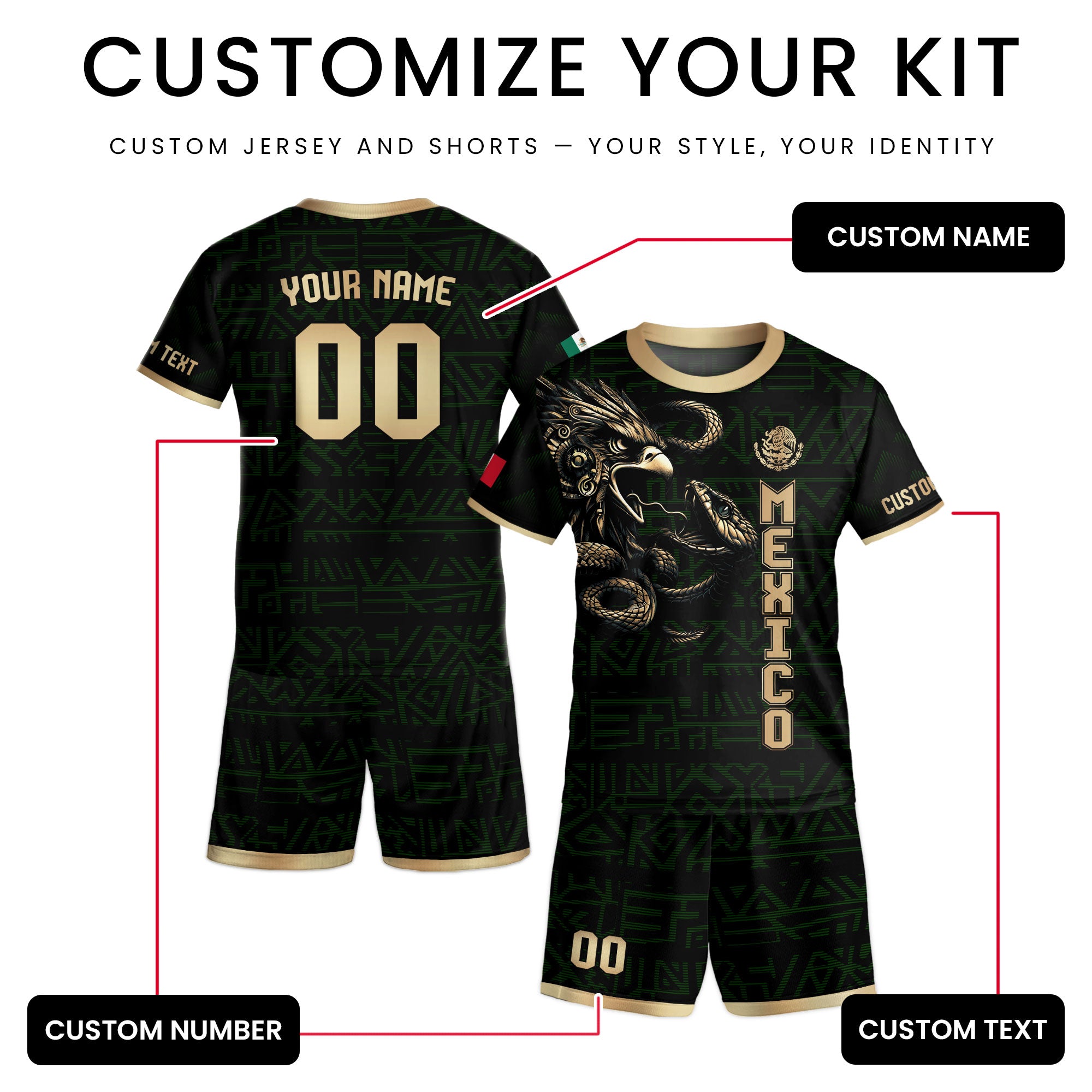 Custom Mexico Kids Soccer Jersey Black Gold Aztec Eagle & Serpent Design