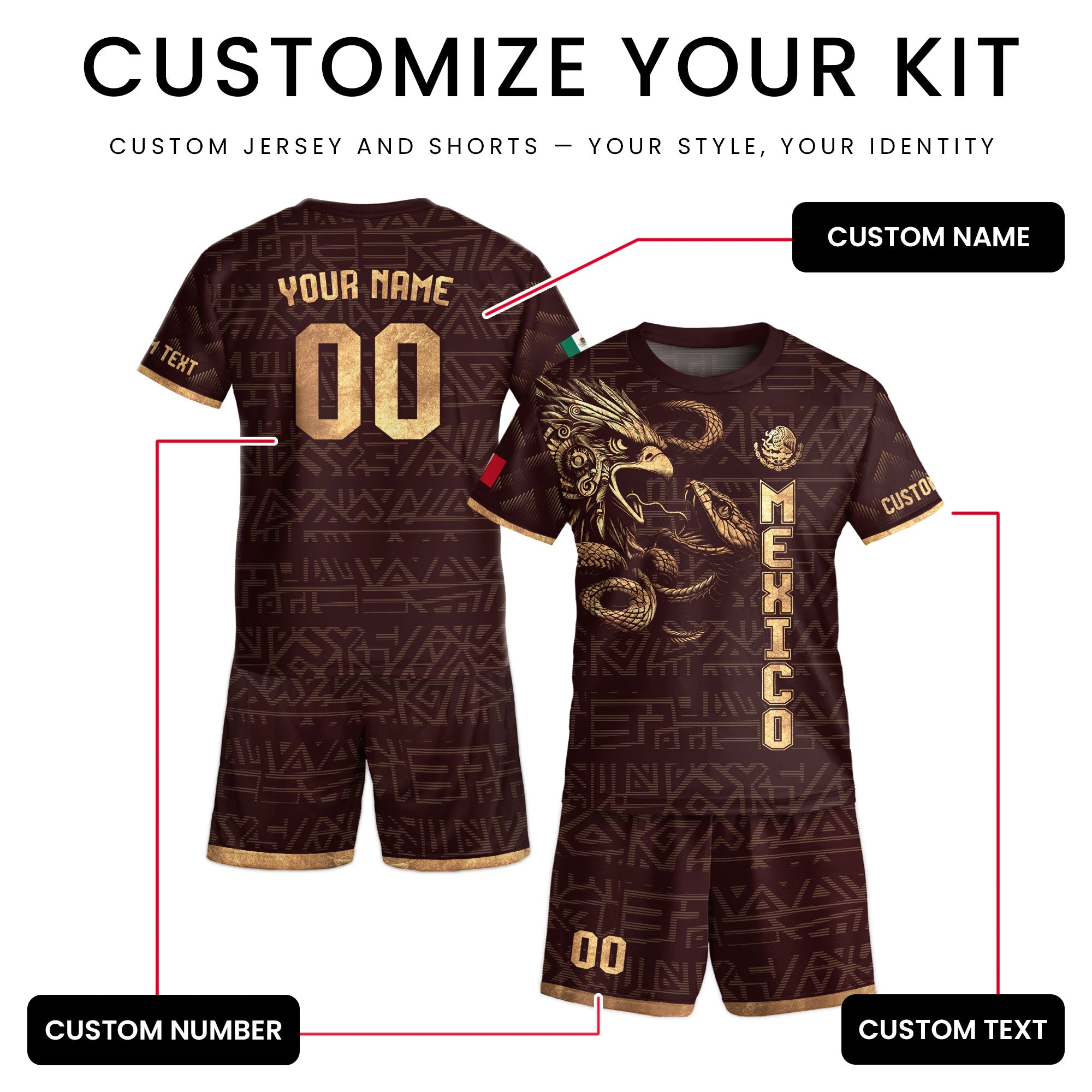 Custom Mexico Kids Soccer Jersey Burgundy Gold Aztec Eagle & Serpent Design