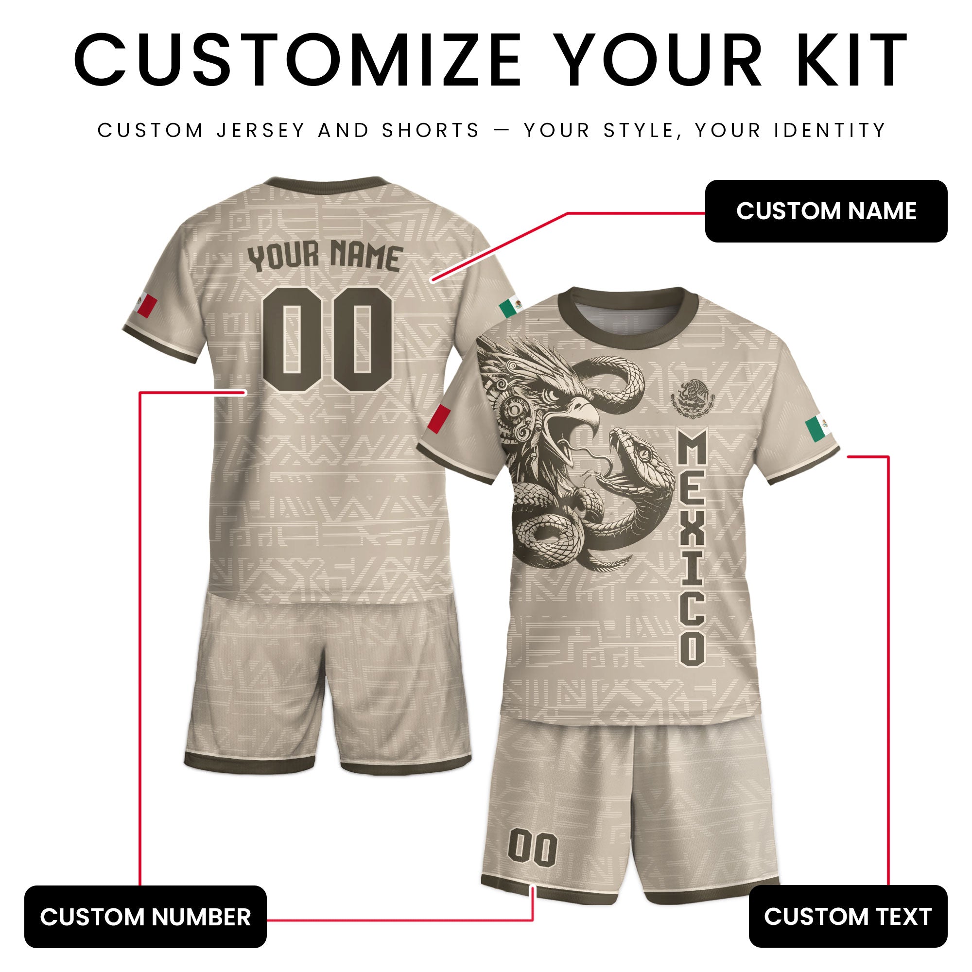 Custom Mexico Kids Soccer Jersey Beige Aztec Eagle & Serpent Heritage Design