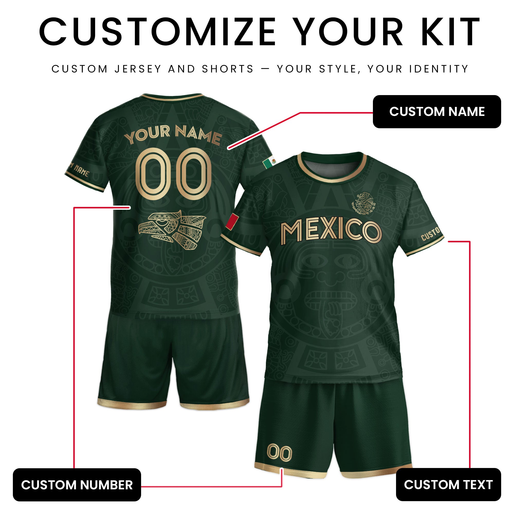 Custom Mexico Kids Soccer Jersey Green Gold Aztec Calendar Heritage Design