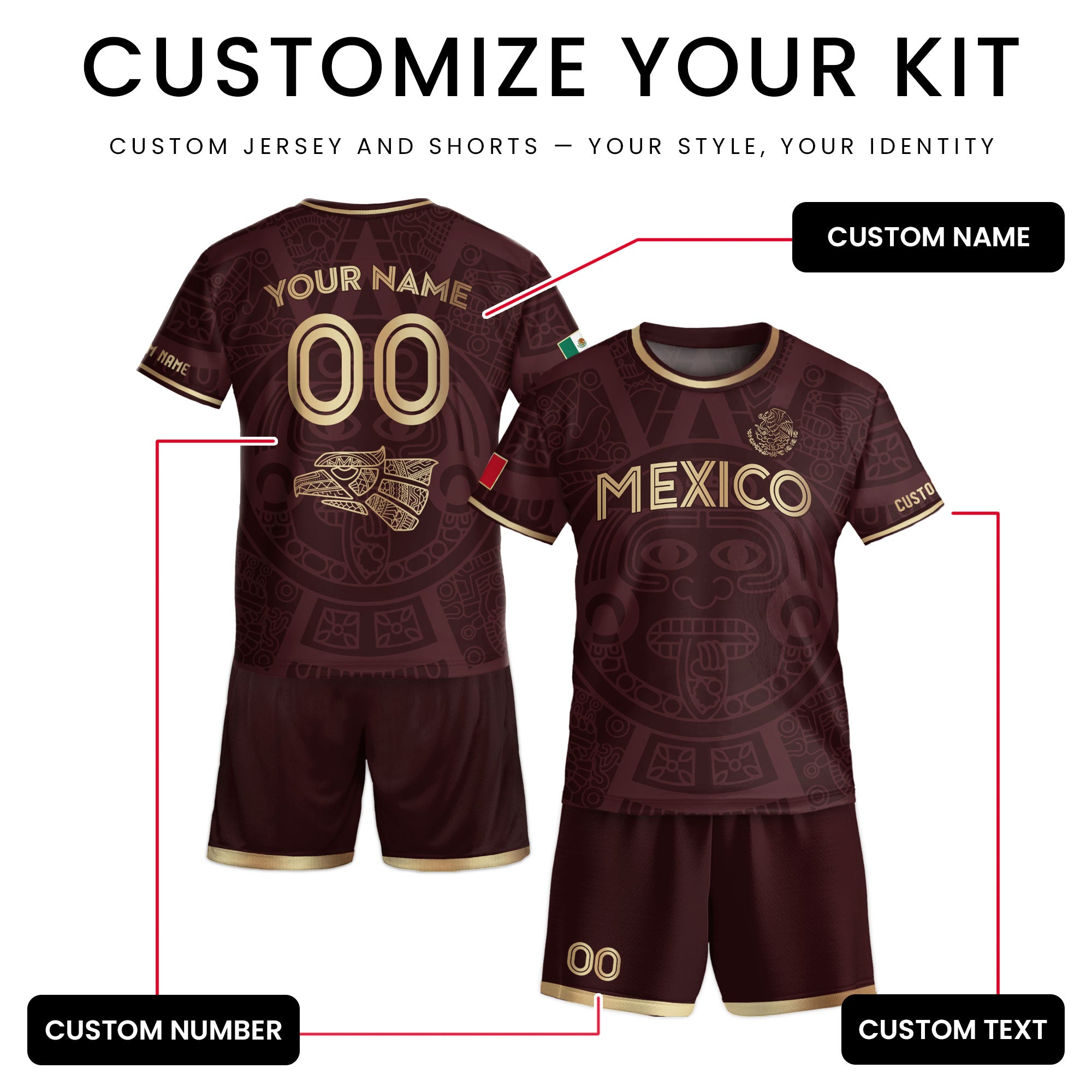 Custom Mexico Kids Soccer Jersey Burgundy Gold Aztec Calendar Heritage Design