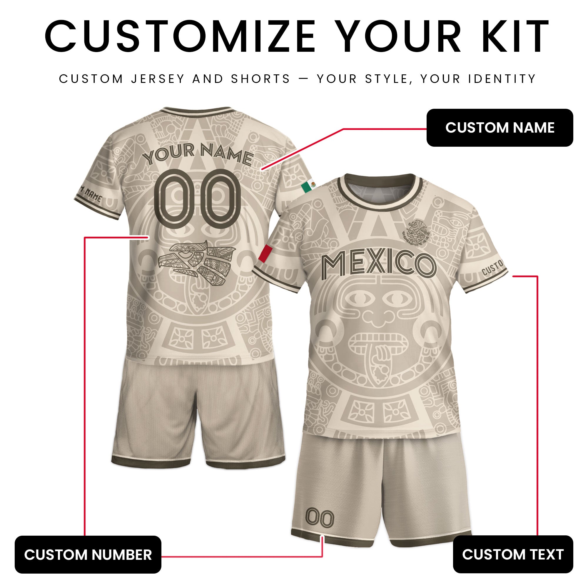 Custom Mexico Kids Soccer Jersey Beige Aztec Calendar Heritage Design