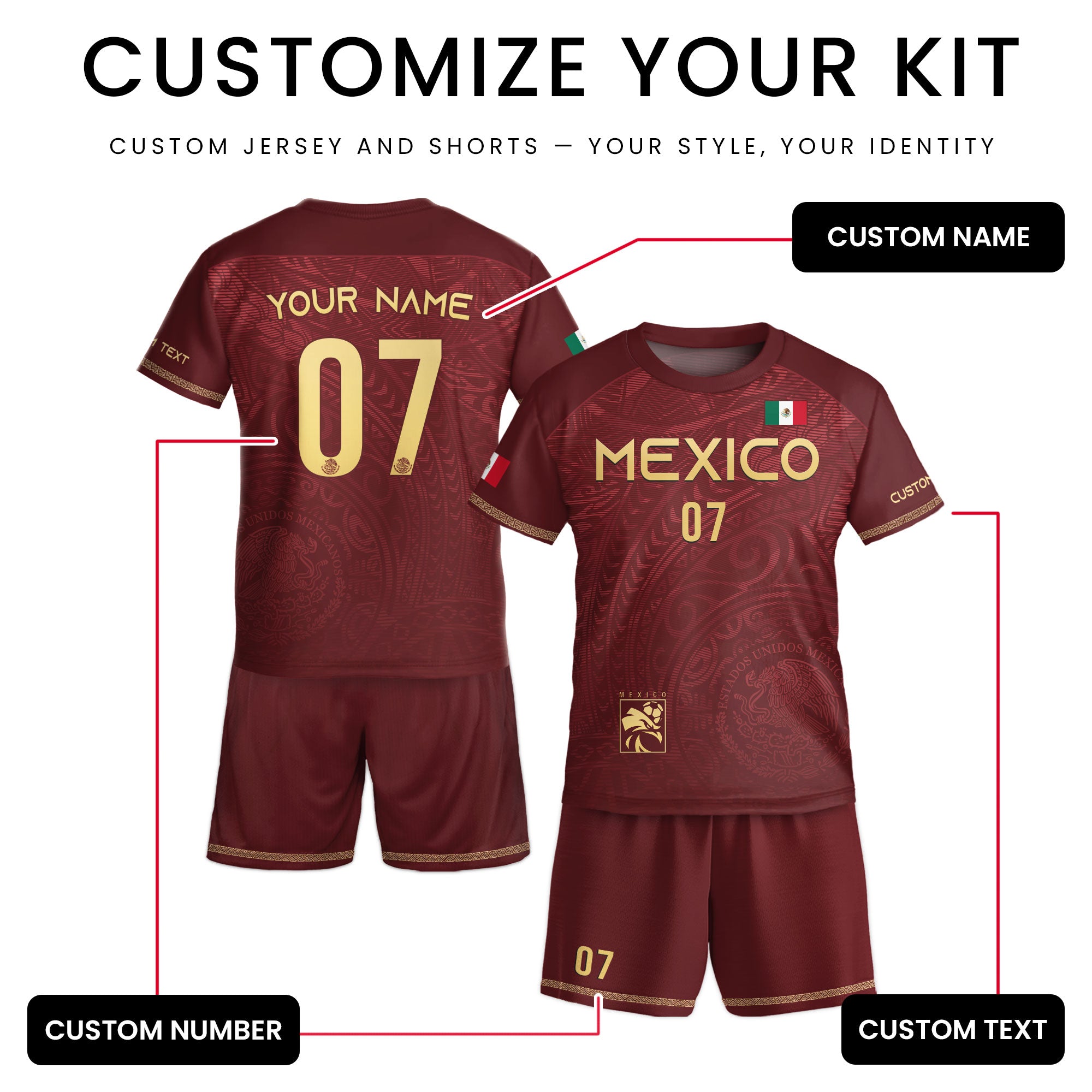 Custom Kids Mexico Soccer Jersey Burgundy Gold Eagle Design
