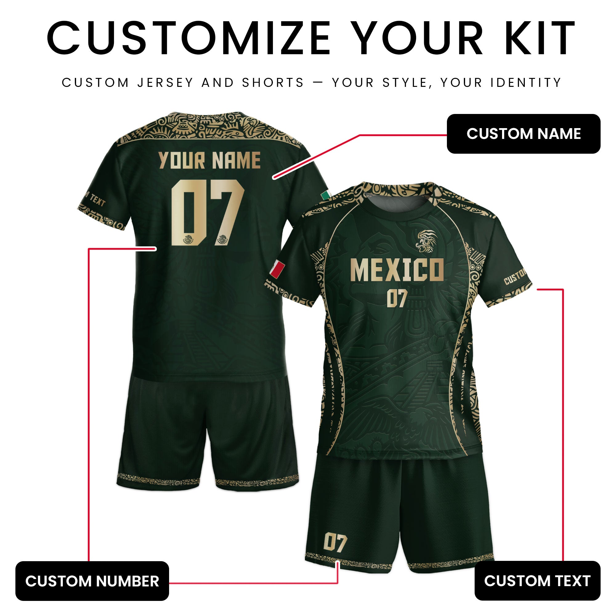 Custom Kids Mexico Soccer Jersey Dark Green Aztec Eagle Design