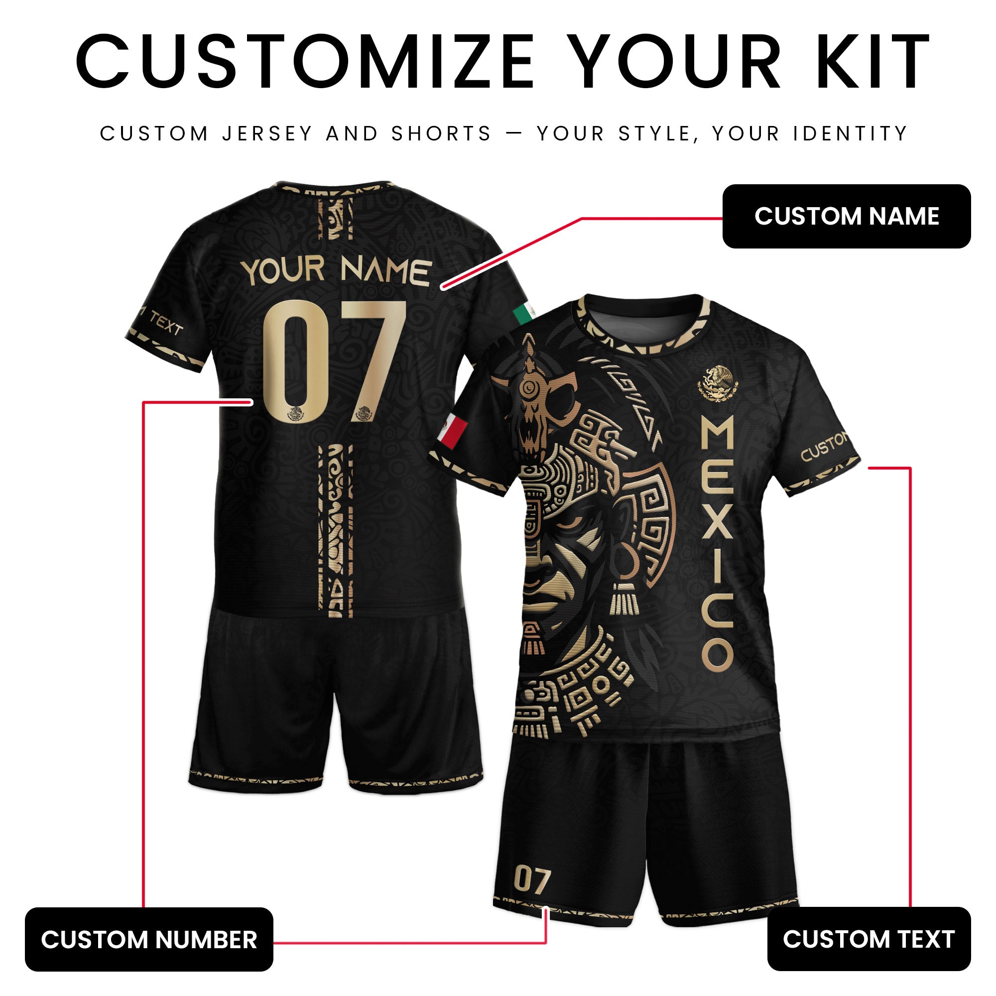 Custom Kid Mexico Aztec Warrior Heritage Black Gold Soccer Jersey