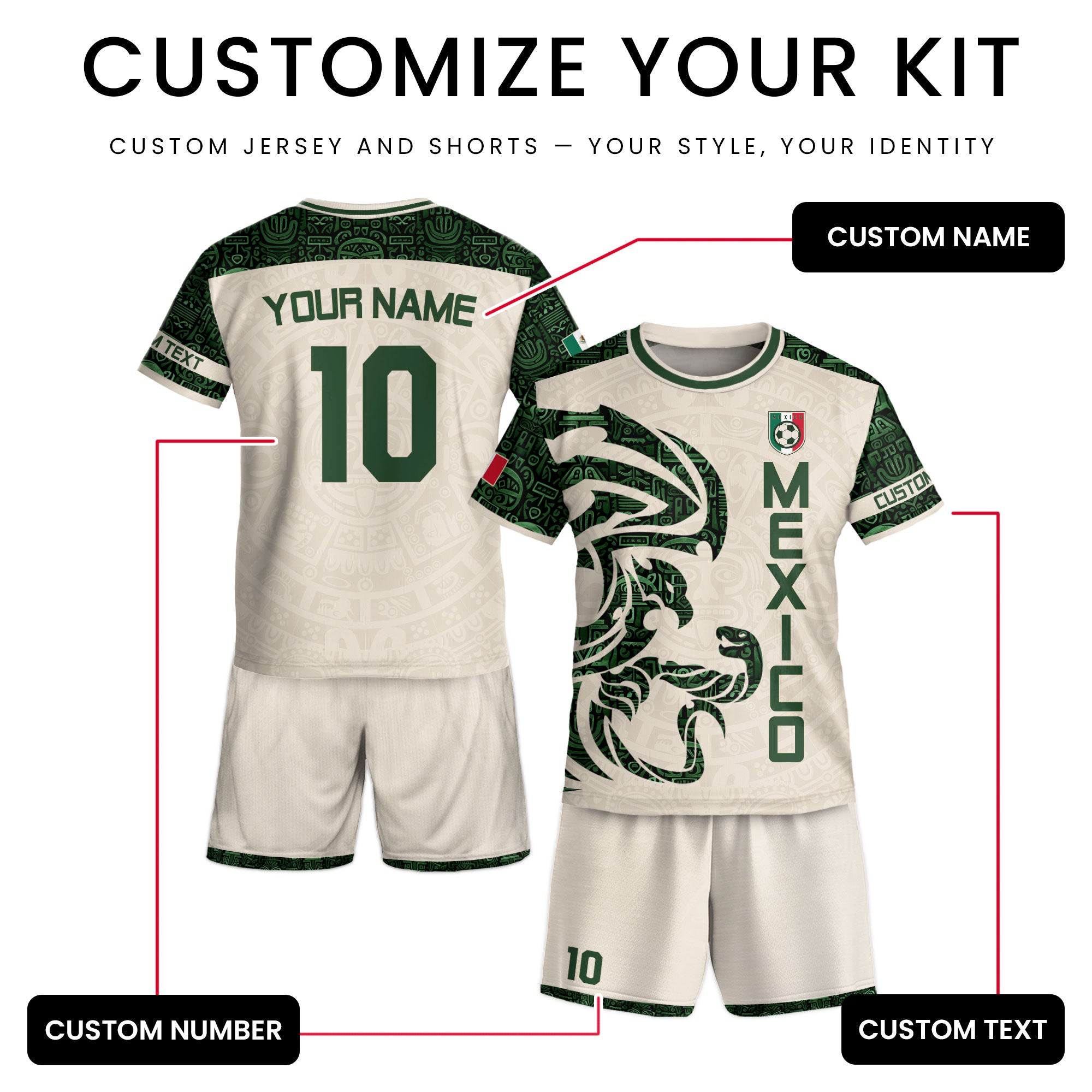 Custom Kid Mexico Beige Green Aztec Eagle Heritage Soccer Jersey