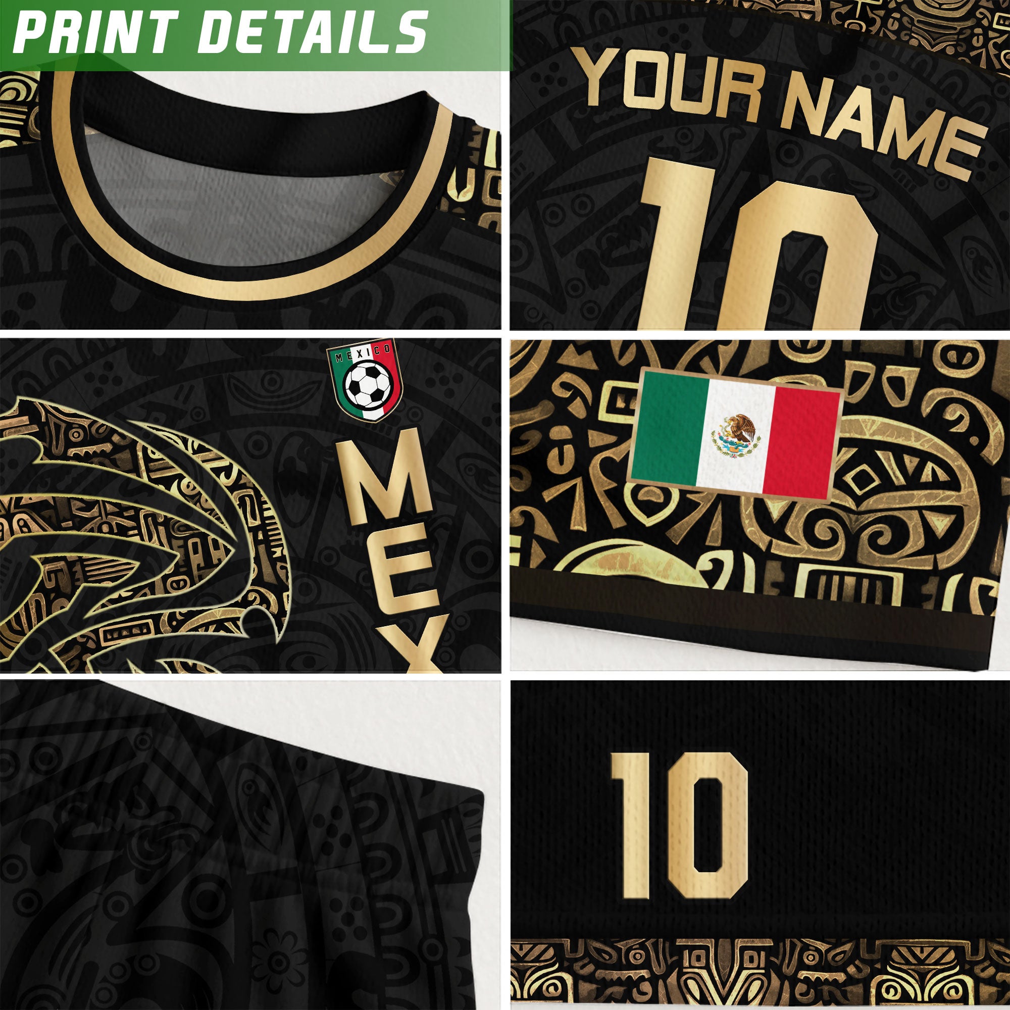 Custom Kid Mexico Black Gold Aztec Eagle Heritage Soccer Jersey