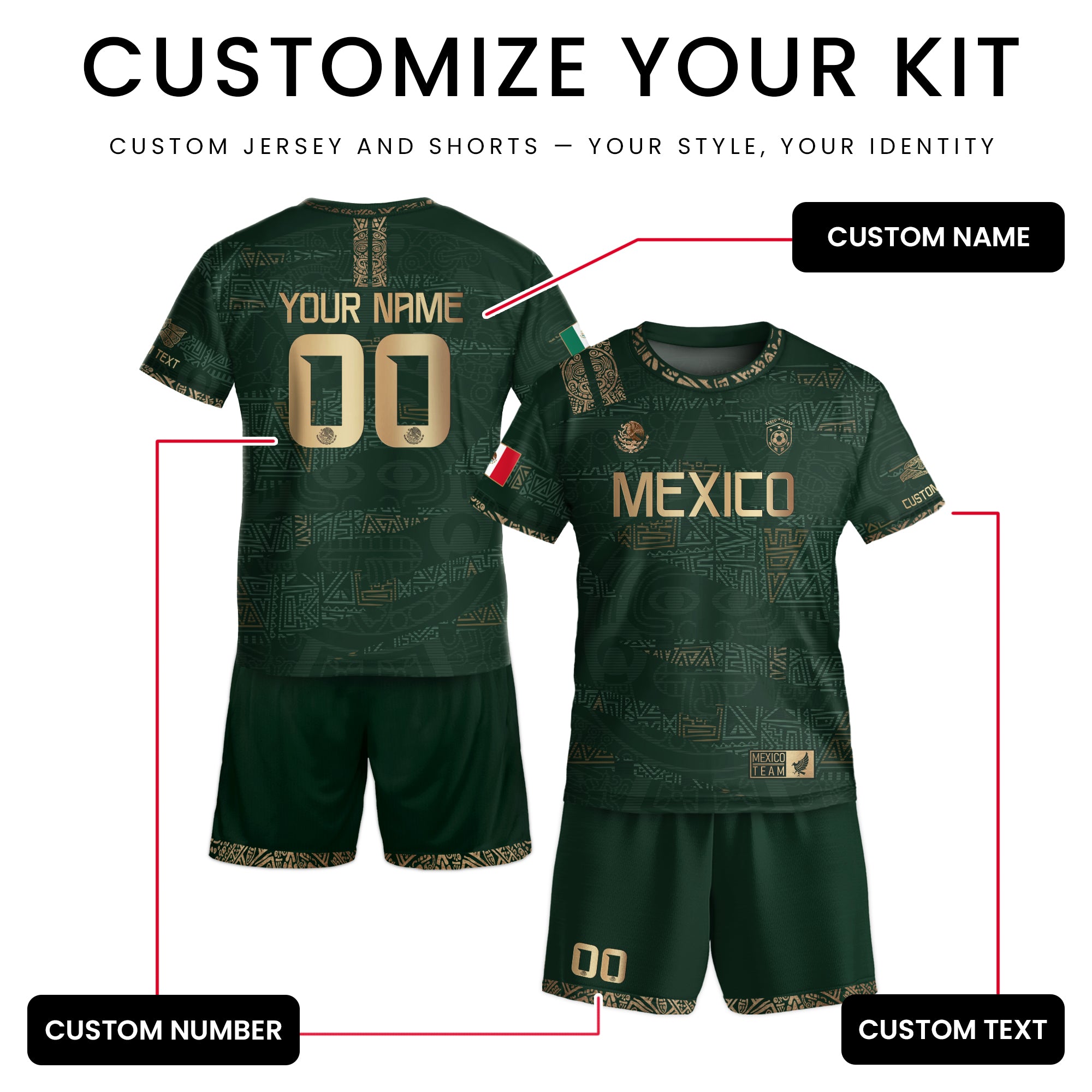 Custom Mexico Kids Soccer Jersey Green Gold Team Edition with Aztec Pattern Design