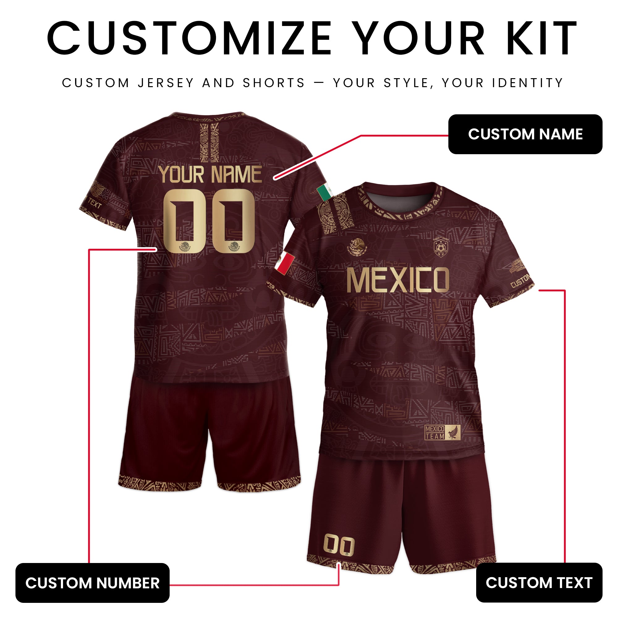 Custom Mexico Kids Soccer Jersey Burgundy Gold Team Edition with Aztec Pattern Design