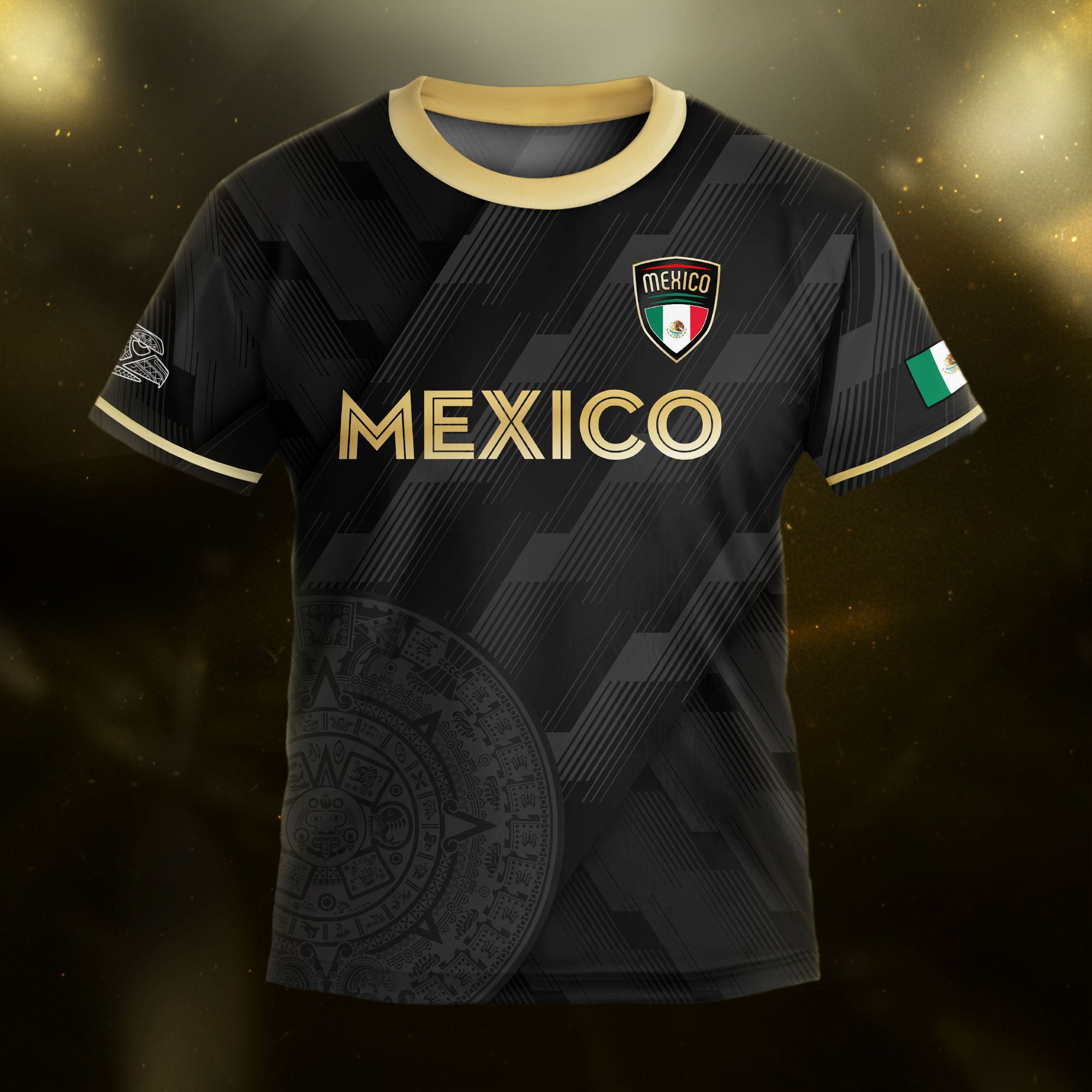 Mexico Kids Soccer Jersey Black Gold Aztec Calendar Crest Design