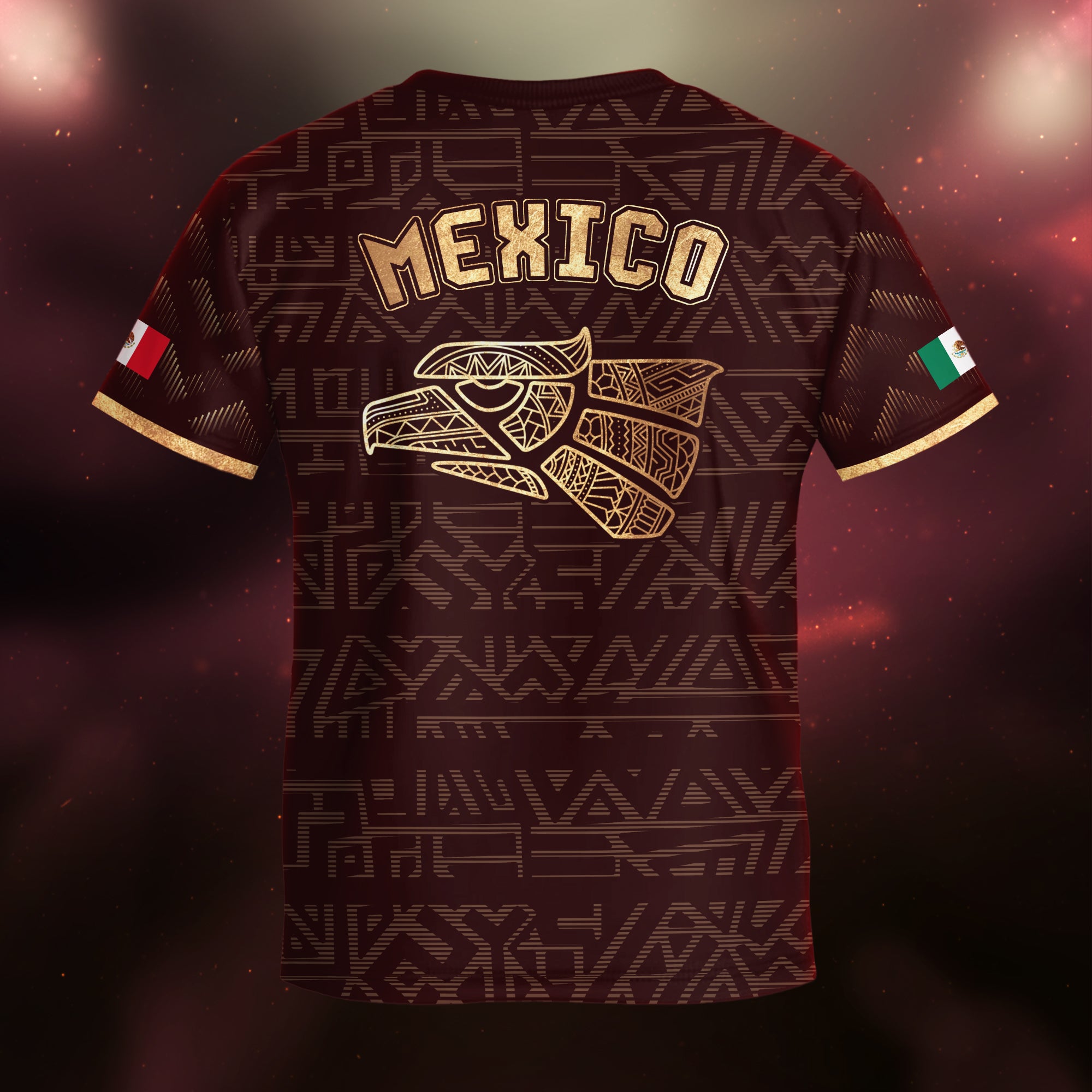 Mexico Kids Soccer Jersey Burgundy Gold Aztec Eagle Serpent Design